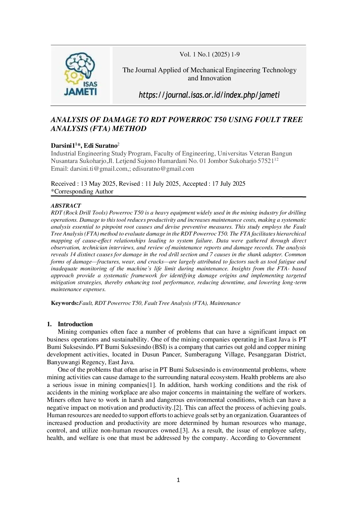 JURIS ANALISIS KERUSAKAN RDT POWERROC T50 MENGGUNAKAN METODE FALT TREE ANALYSIS FTA