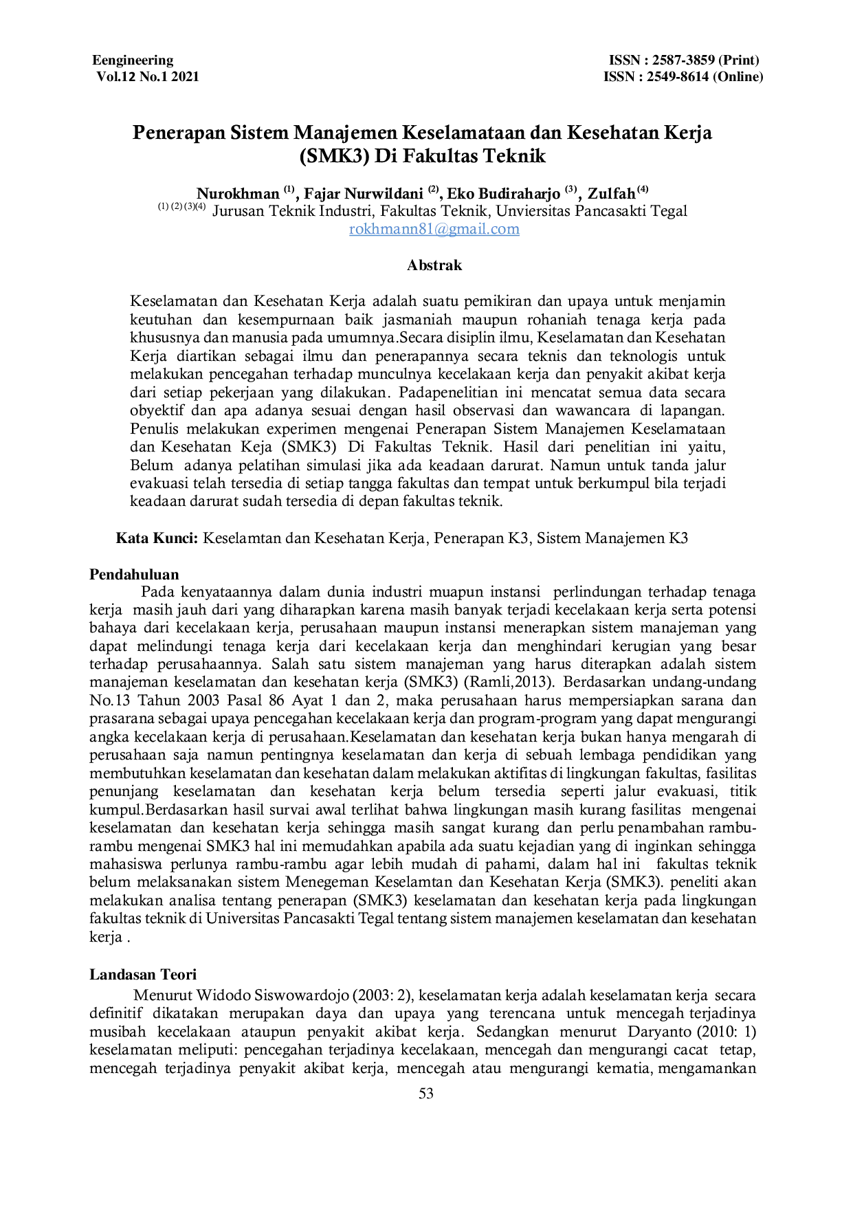 JURIS Penerapan Sistem Manajemen Keselamataan dan Kesehatan Kerja SMK3 Di Fakultas Teknik