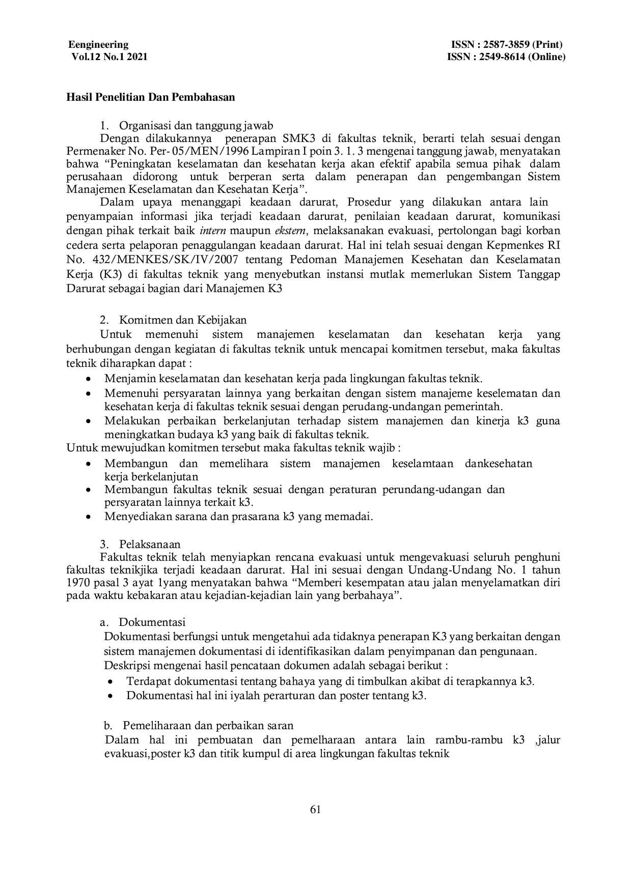 JURIS Penerapan Sistem Manajemen Keselamataan dan Kesehatan Kerja SMK3 Di Fakultas Teknik