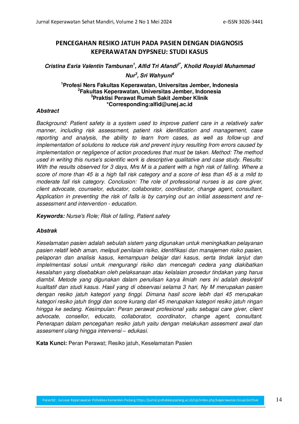juris Pencegahan Resiko Jatuh pada Pasien dengan Diagnosis Keperawatan Dypsneu Studi Kasus