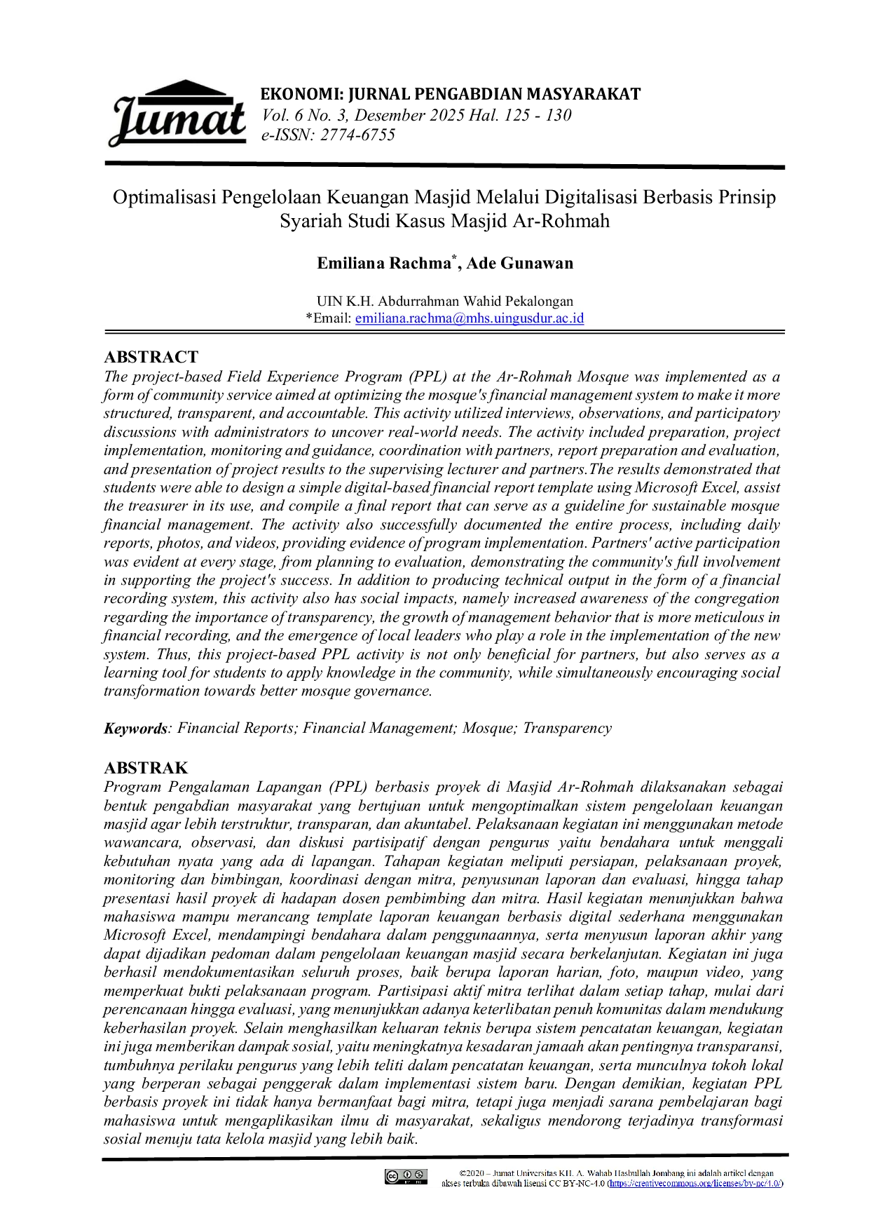 JURIS Optimalisasi Pengelolaan Keuangan Masjid Melalui Digitalisasi Berbasis Prinsip Syariah Studi Kasus Masjid Ar Rohmah