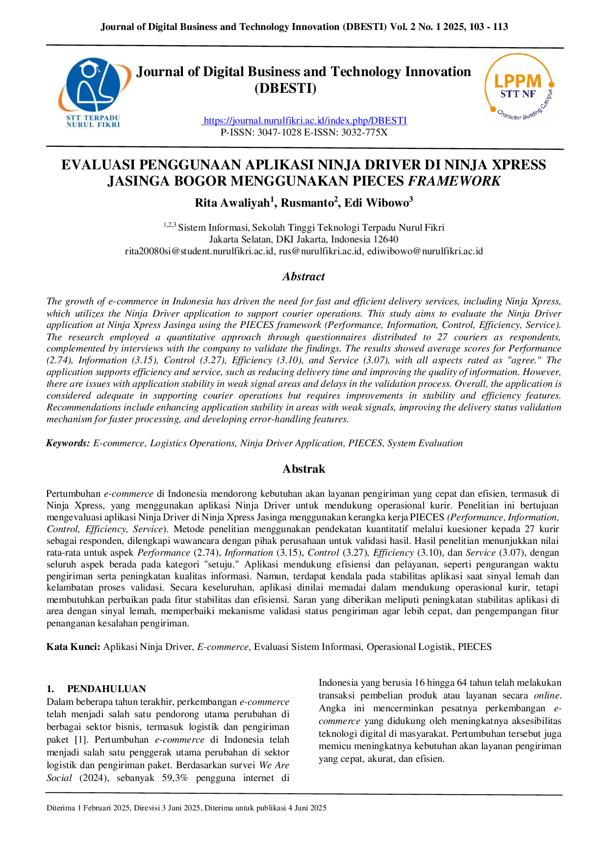 JURIS Evaluasi Penggunaan Aplikasi Ninja Driver di Ninja Xpress Jasinga Bogor Menggunakan PIECES Framework