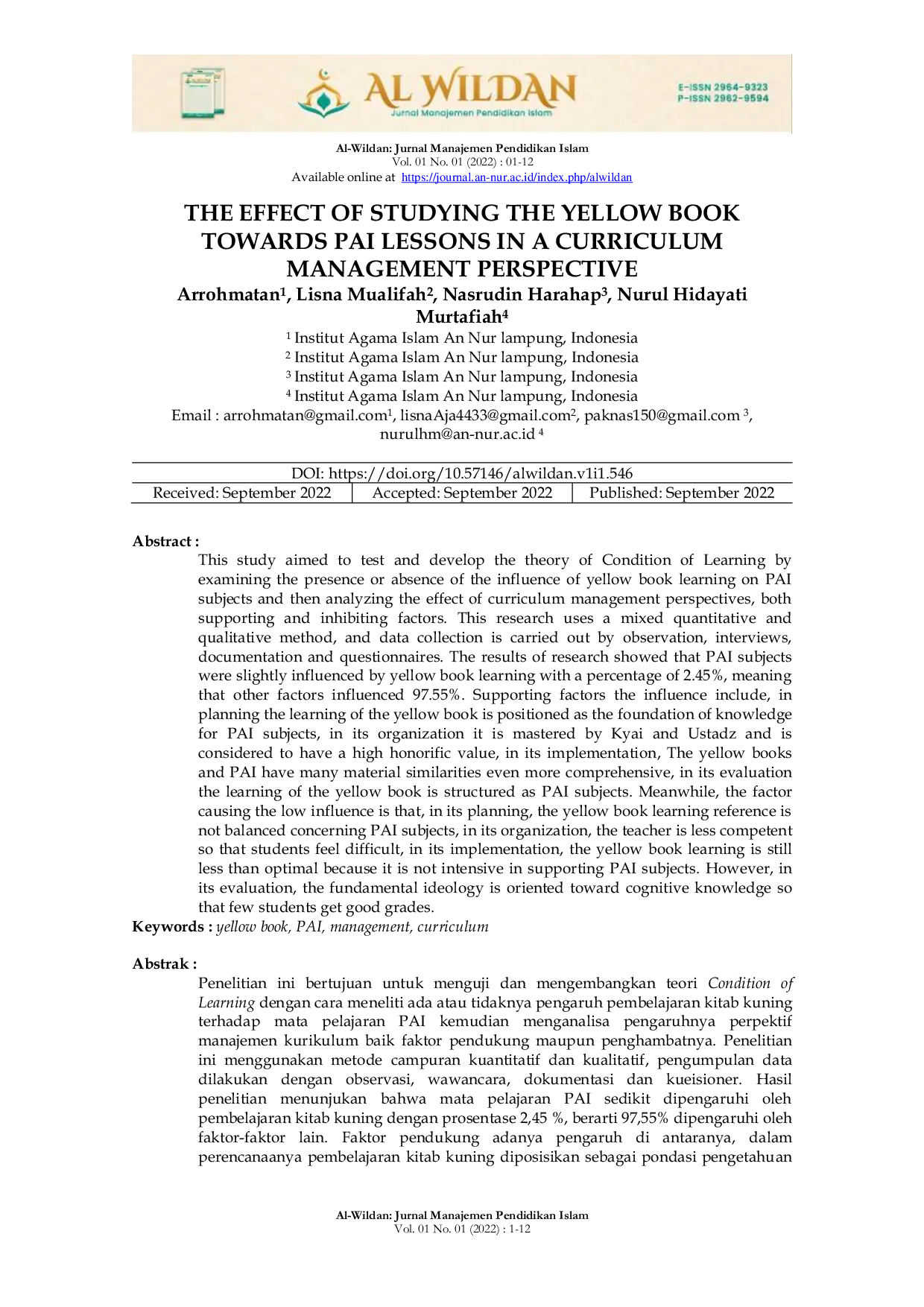 JURIS The Effect of Studying the Yellow Book Towards PAI Lessons in a Curriculum Management Perspective