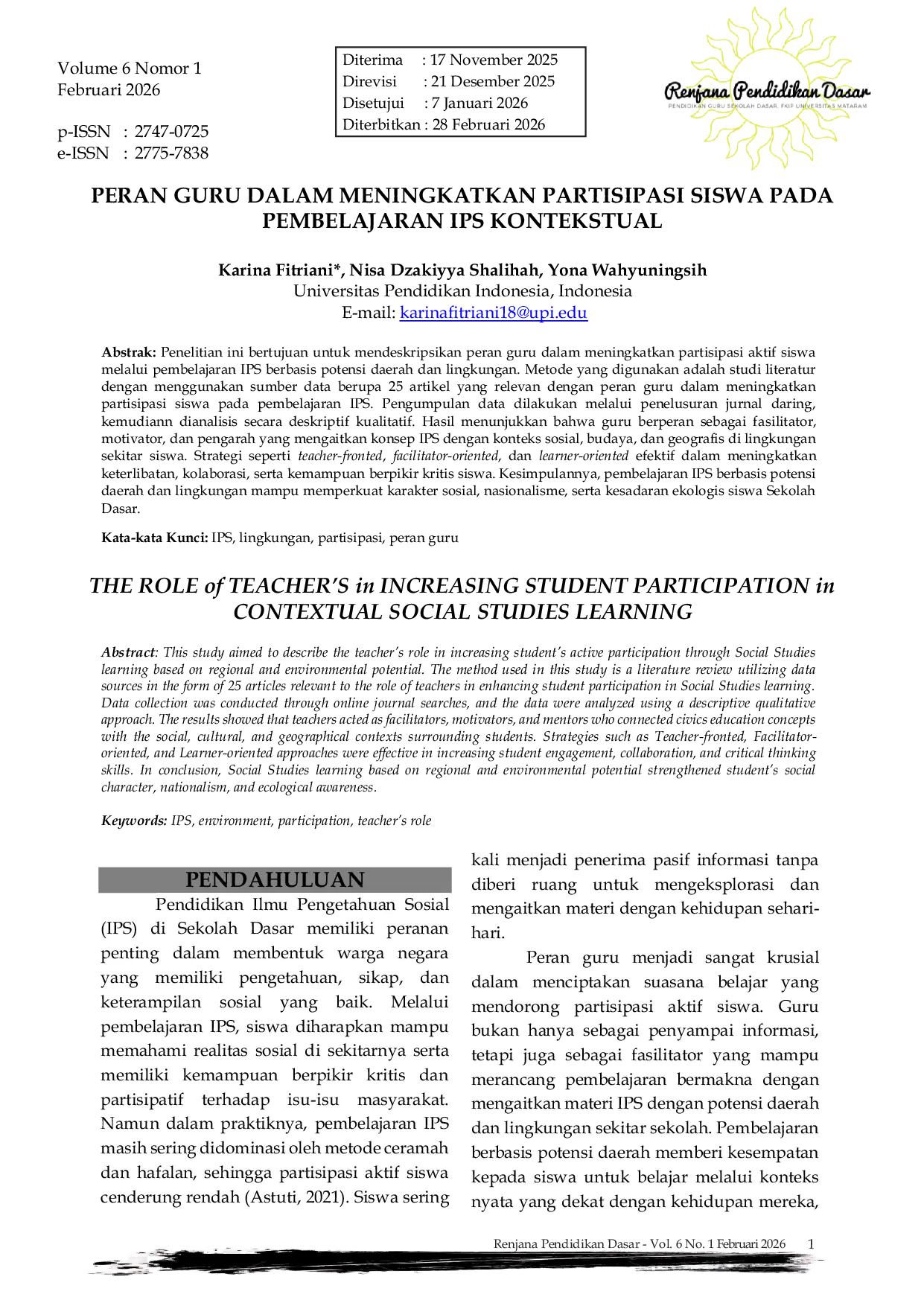 JURIS Peran Guru dalam Meningkatkan Partisipasi Siswa pada Pembelajaran IPS Kontekstual