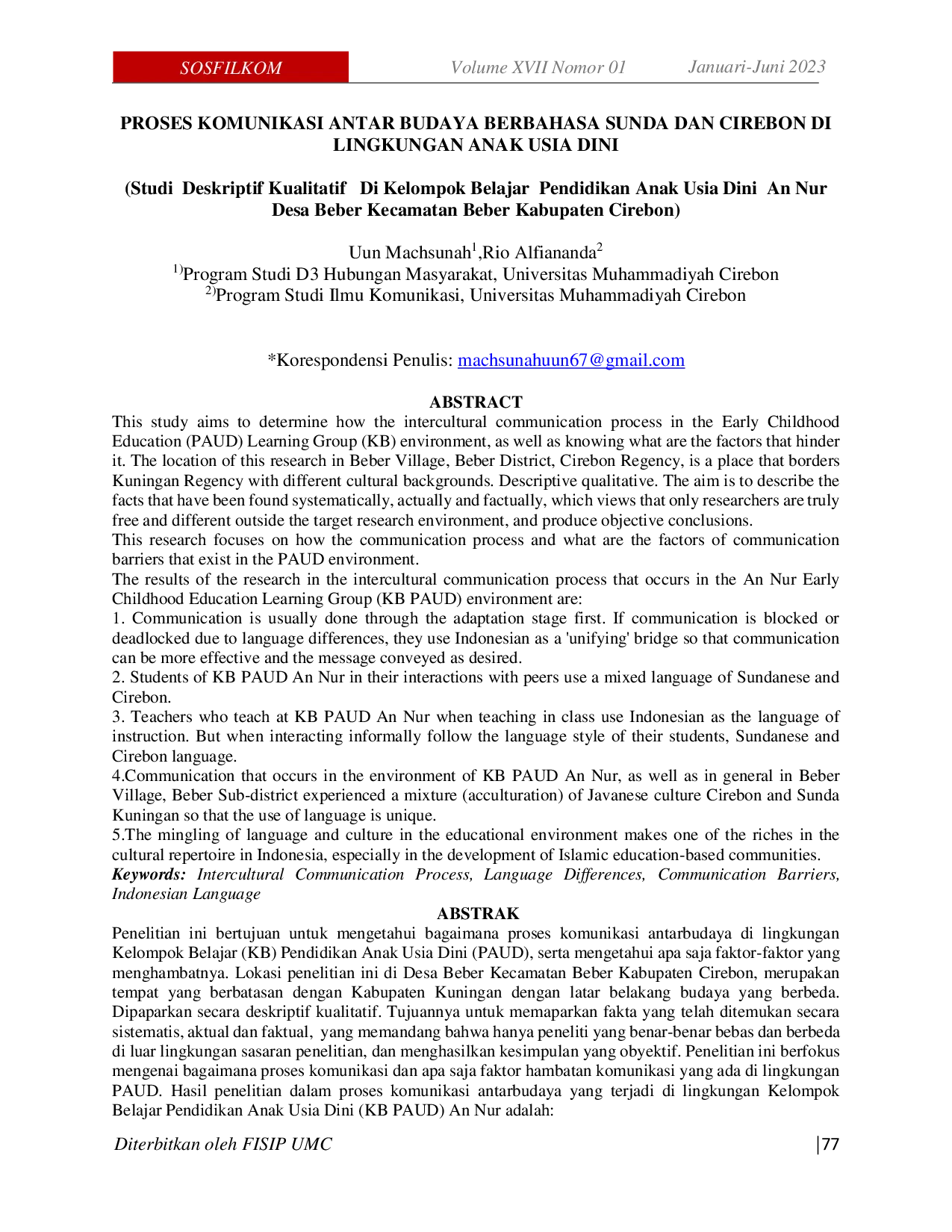 JURIS Proses Komunikasi Antar Budaya Berbahasa Sunda Dan Cirebon Di Lingkungan Anak Usia Dini