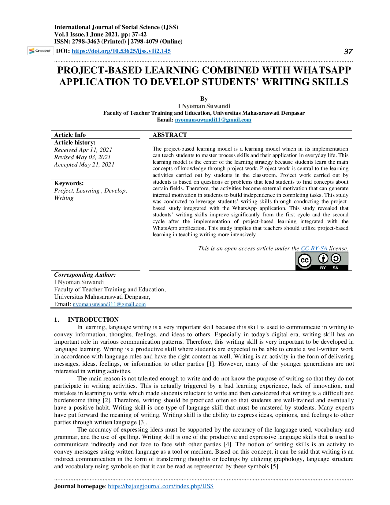 JURIS Project Based Learning Combined With WhatsApp Application to Develop Students Writing Skills