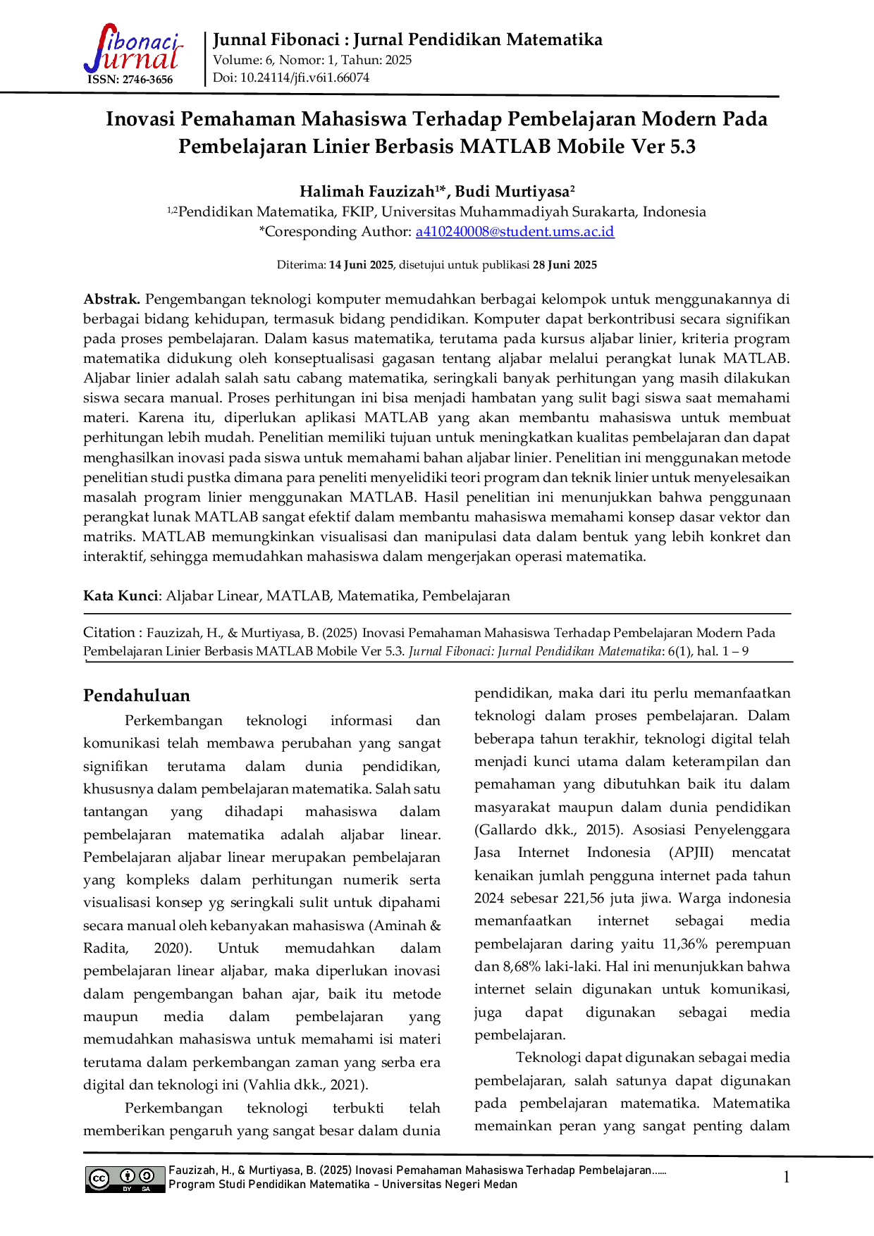 JURIS Inovasi Pemahaman Mahasiswa Terhadap Pembelajaran Modern Pada Pembelajaran Linier Berbasis MATLAB Mobile Ver 5 3