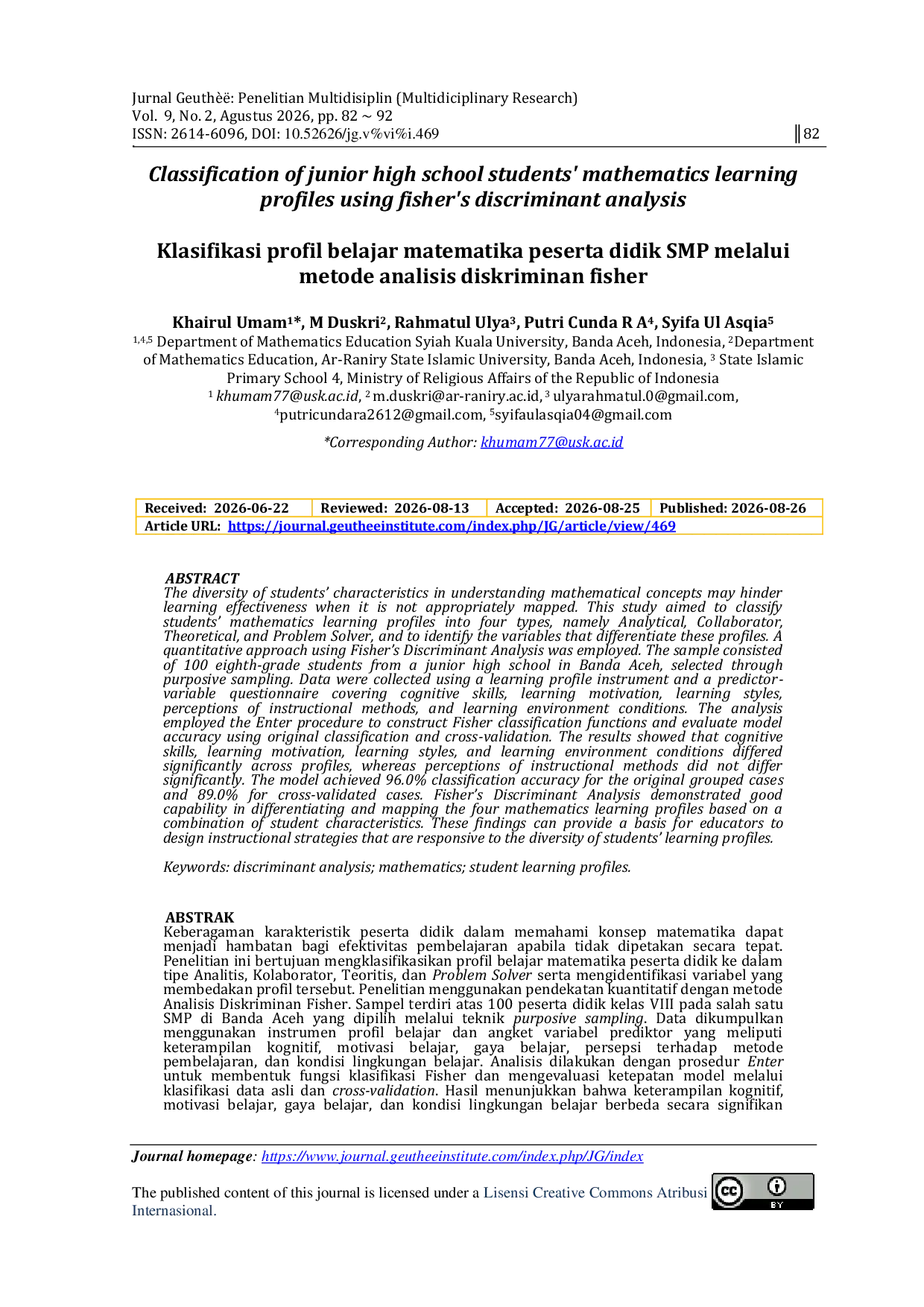 JURIS Classification of junior high school students mathematics learning profiles using fisher s discriminant analysis