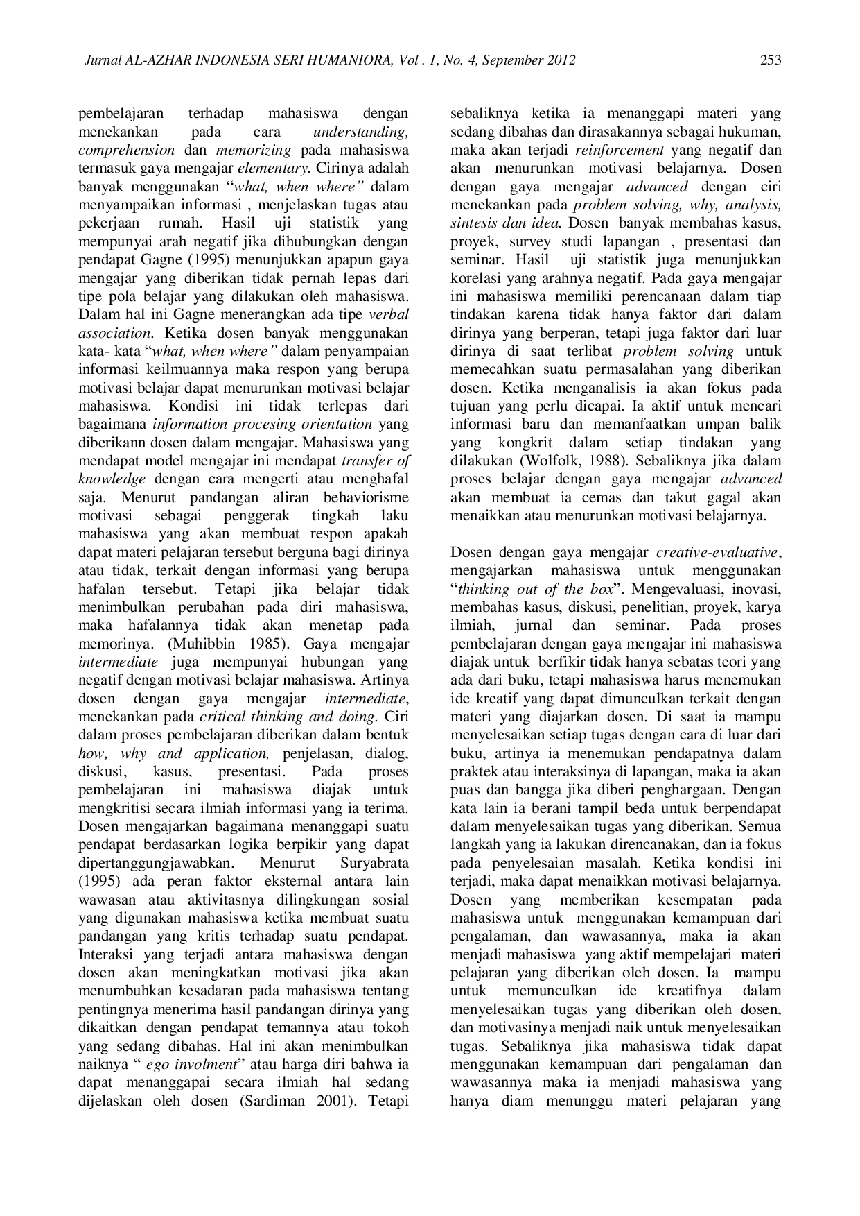 JURIS Hubungan Gaya Mengajar Dosen dalam Proses Pembelajaran dengan Motivasi Belajar Mahasiswa Fakultas Psikologi dan Pendidikan Universitas Al Azhar Indonesia