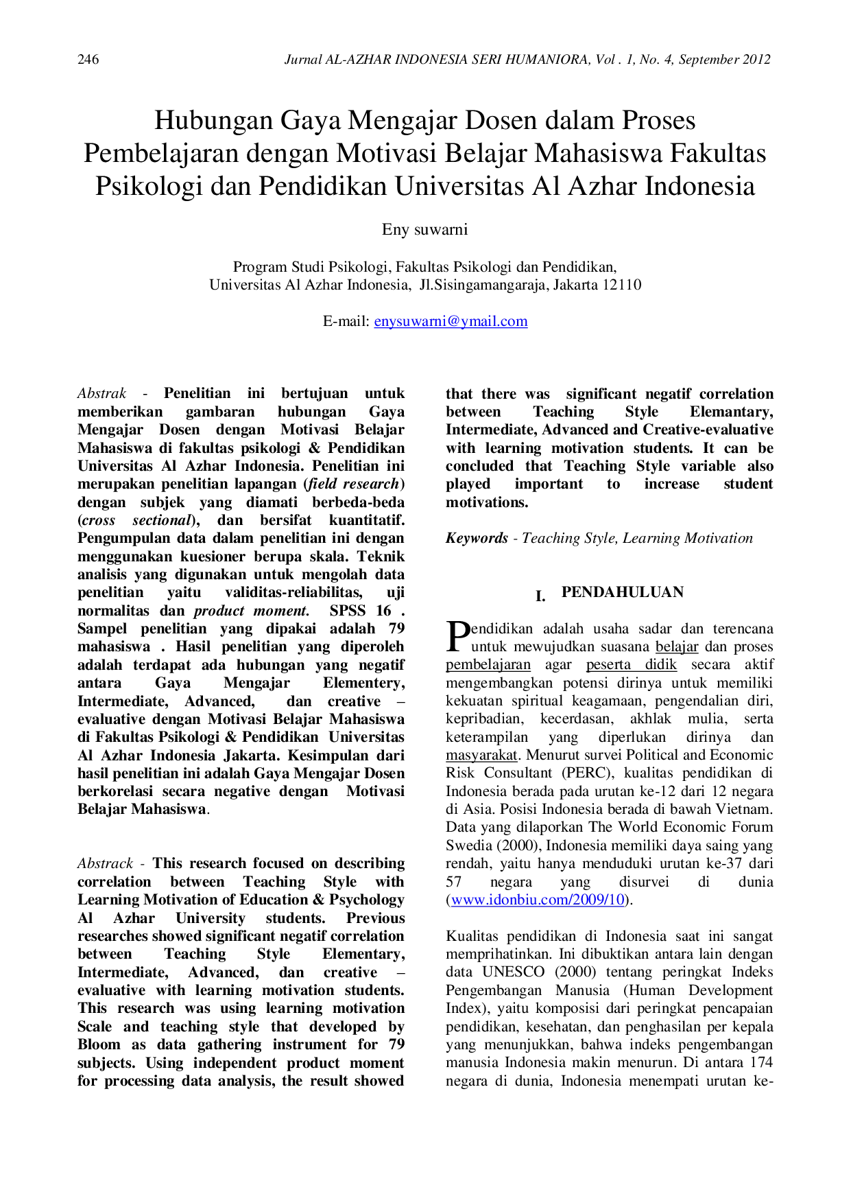 JURIS Hubungan Gaya Mengajar Dosen dalam Proses Pembelajaran dengan Motivasi Belajar Mahasiswa Fakultas Psikologi dan Pendidikan Universitas Al Azhar Indonesia