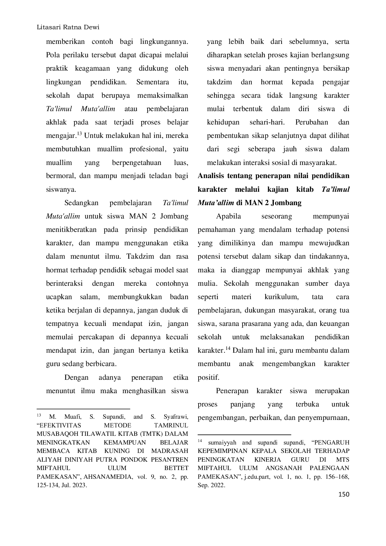 JURIS Penerapan Nilai Pendidikan Karakter Melalui Kajian Ta limul Muta allim Di Man 2 Jombang