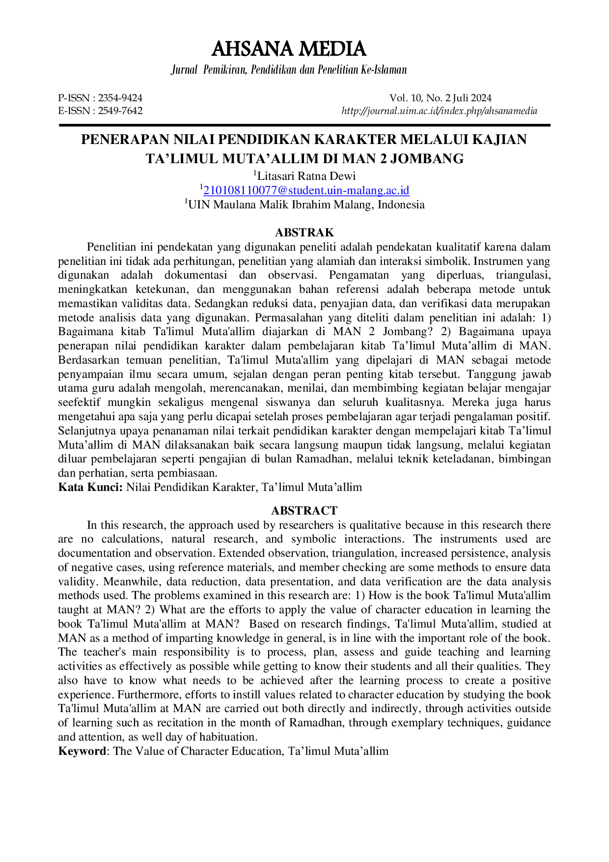 JURIS Penerapan Nilai Pendidikan Karakter Melalui Kajian Ta limul Muta allim Di Man 2 Jombang