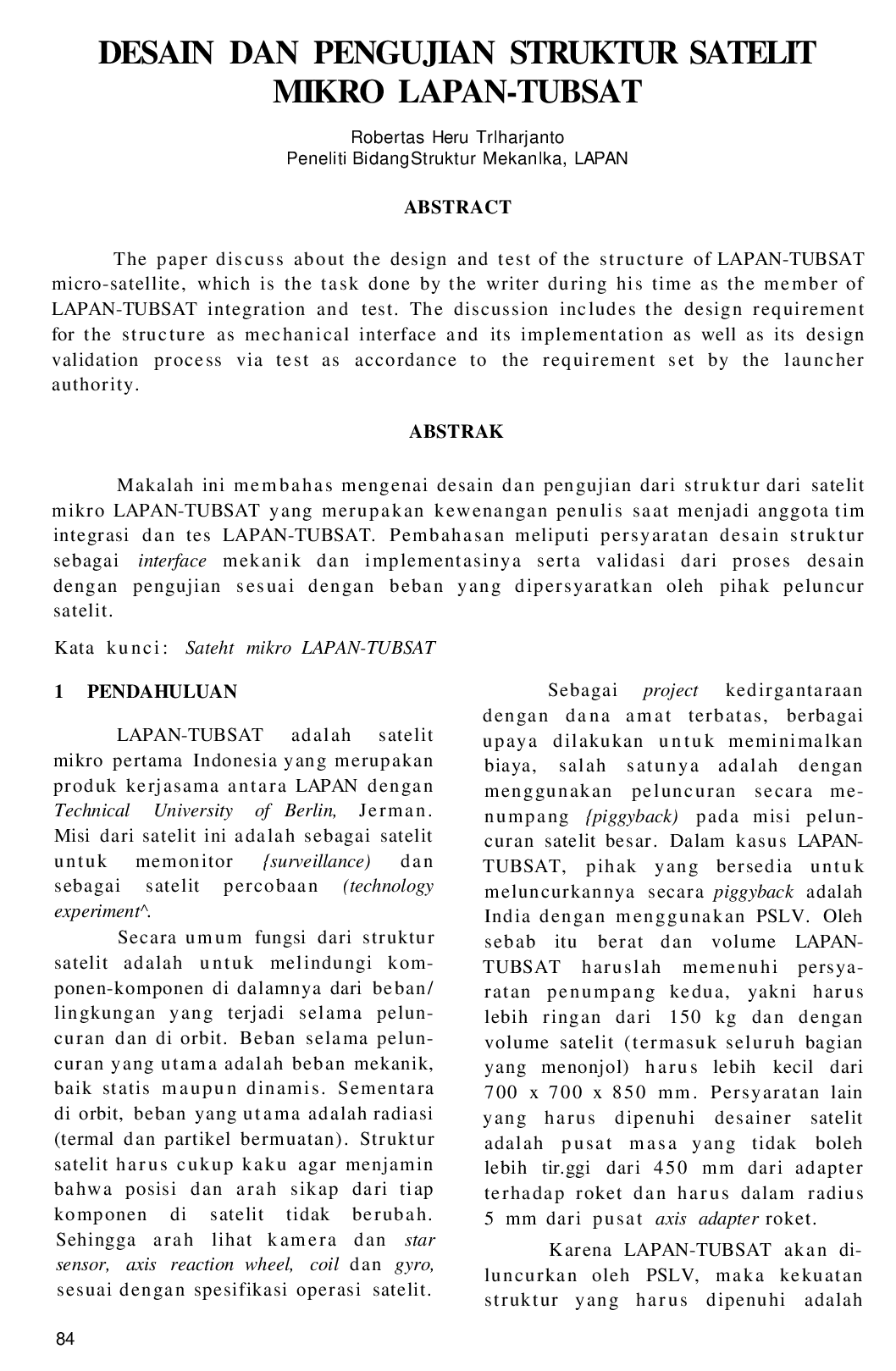 juris Desain Dan Pengujian Struktur Satelit Mikro Lapan Tubsat