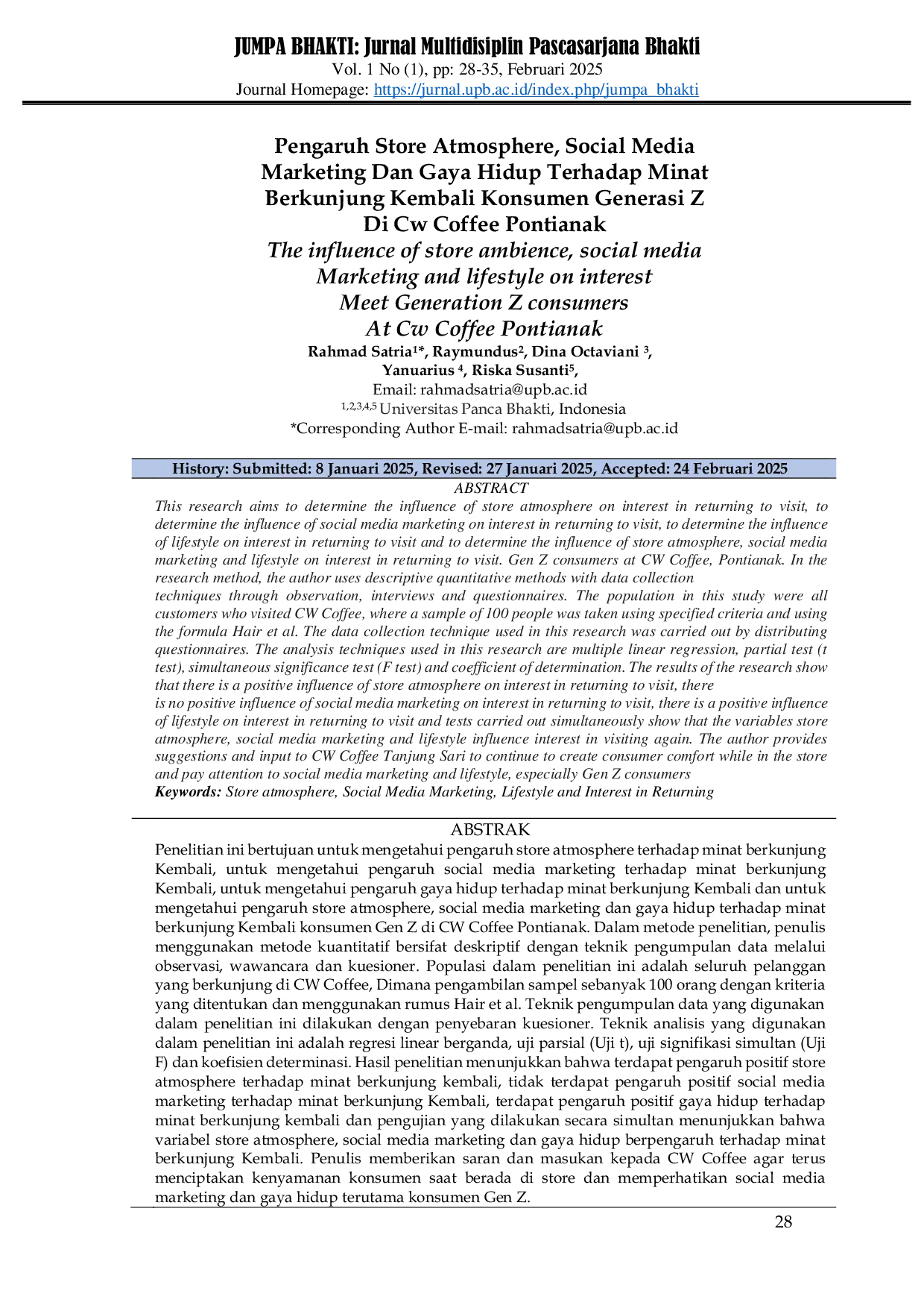 JURIS Pengaruh Store Atmosphere Social Media Marketing Dan Gaya Hidup Terhadap Minat Berkunjung Kembali Konsumen Generasi Z Di Cw Coffee Pontianak