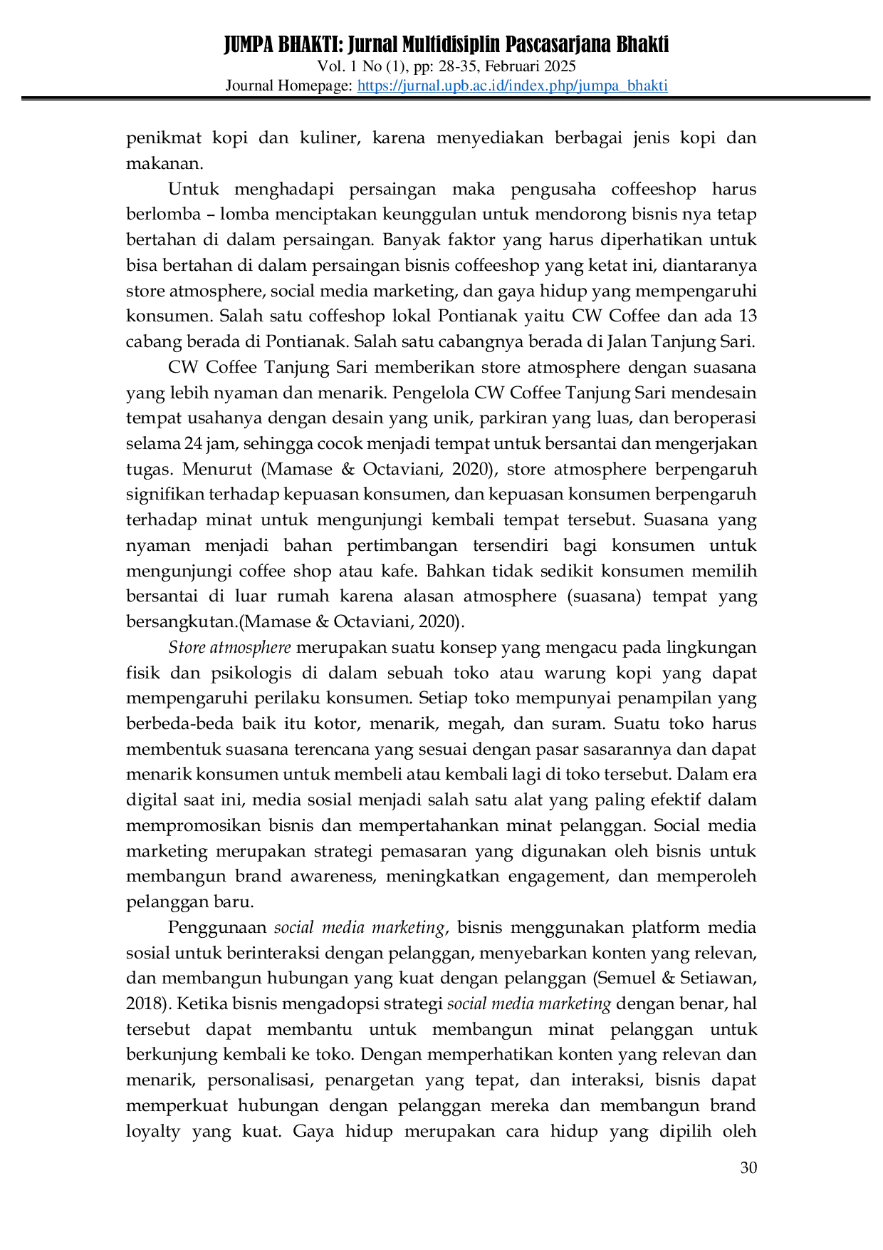 JURIS Pengaruh Store Atmosphere Social Media Marketing Dan Gaya Hidup Terhadap Minat Berkunjung Kembali Konsumen Generasi Z Di Cw Coffee Pontianak