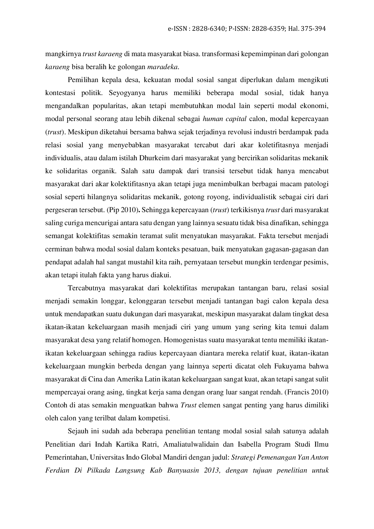 JURIS Kekuatan Modal Sosial Dalam Kontestasi Politik Pemilihan Kepala Desa Studi Kasus Keterpilihan Kepala Desa Kindang Kec Kindang Kab Bulukumba