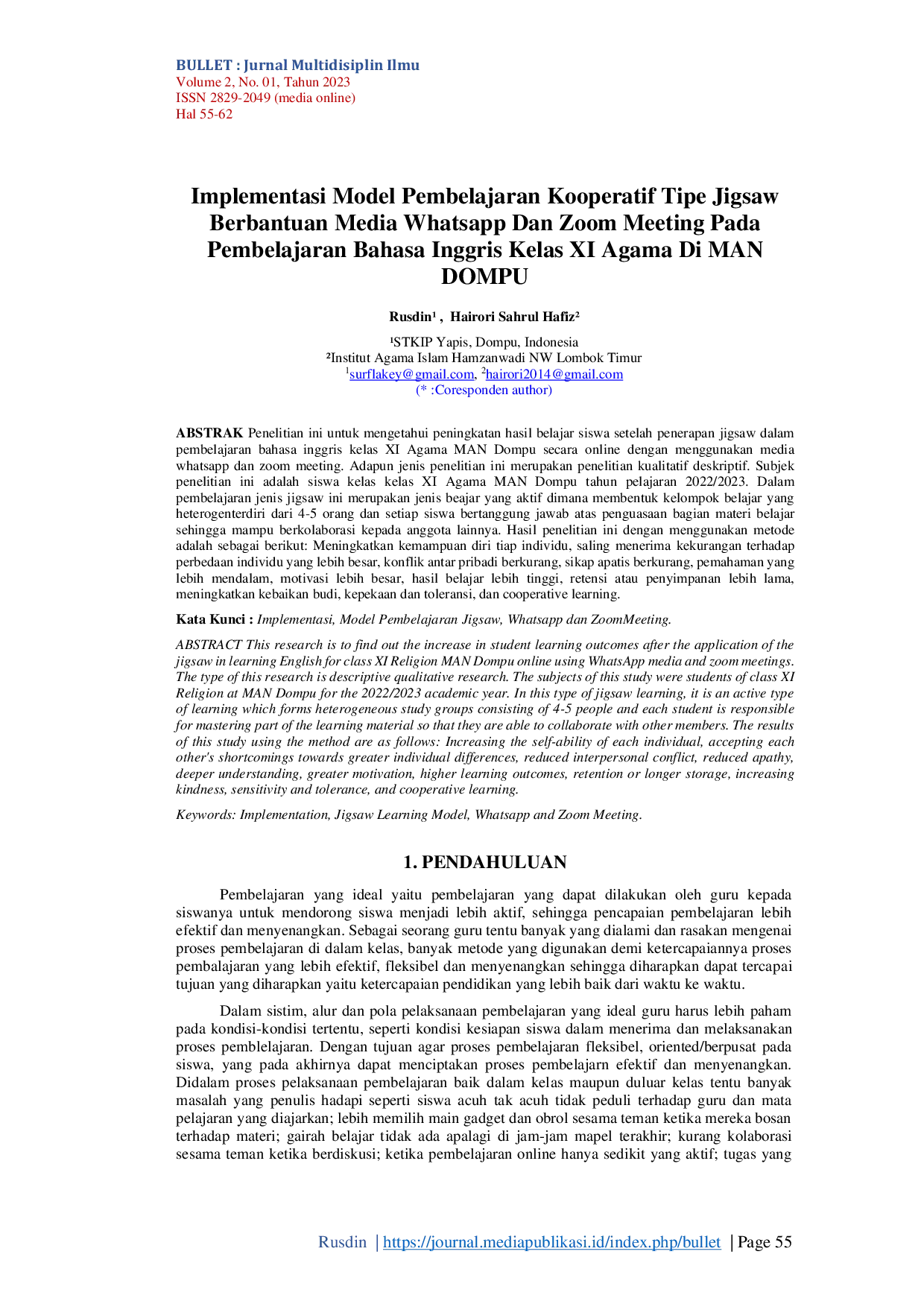 JURIS Implementasi Model Pembelajaran Kooperatif Tipe Jigsaw Berbantuan Media Whatsapp Dan Zoom Meeting Pada Pembelajaran Bahasa Inggris Kelas XI Agama Di MAN DOMPU