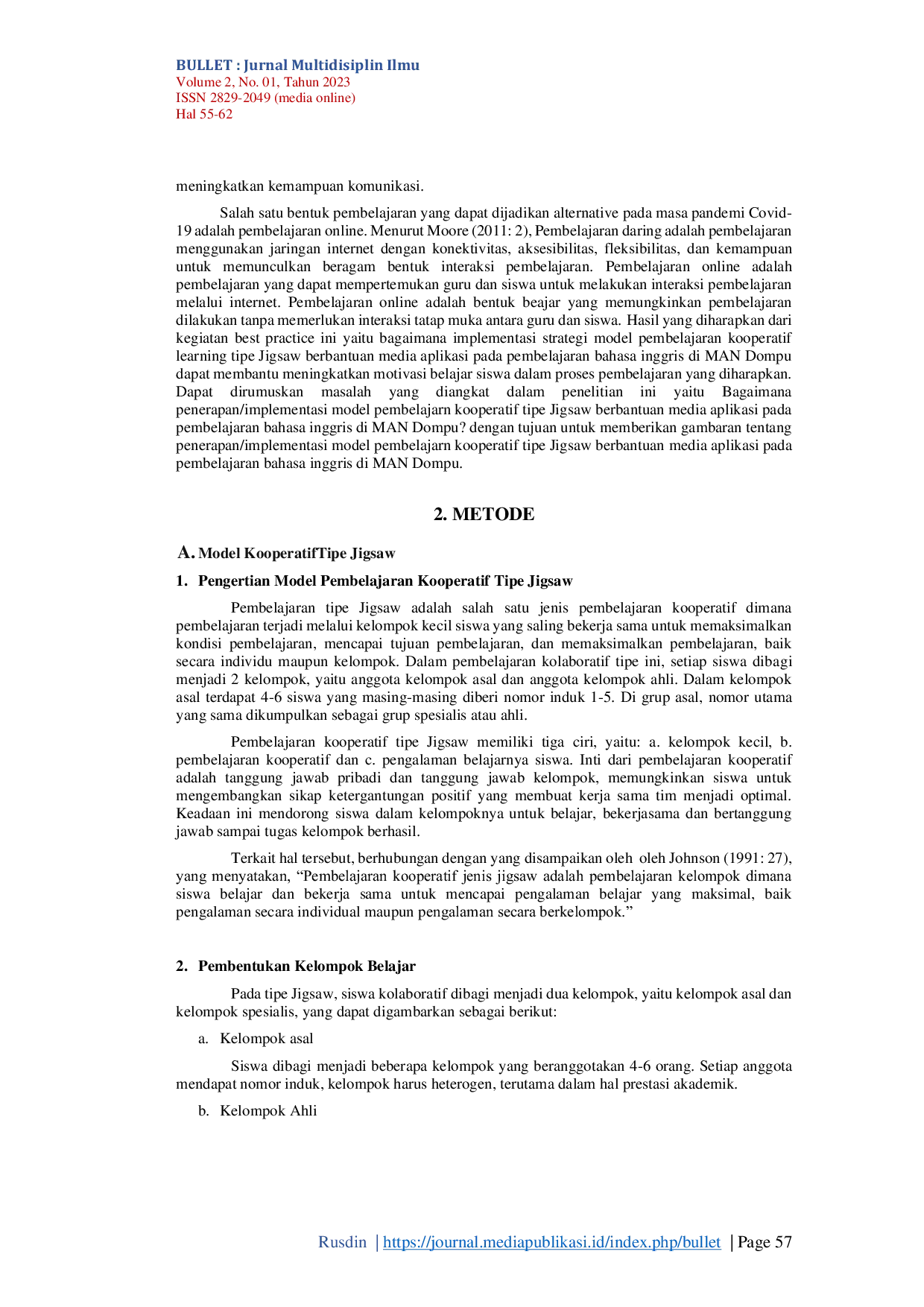 JURIS Implementasi Model Pembelajaran Kooperatif Tipe Jigsaw Berbantuan Media Whatsapp Dan Zoom Meeting Pada Pembelajaran Bahasa Inggris Kelas XI Agama Di MAN DOMPU