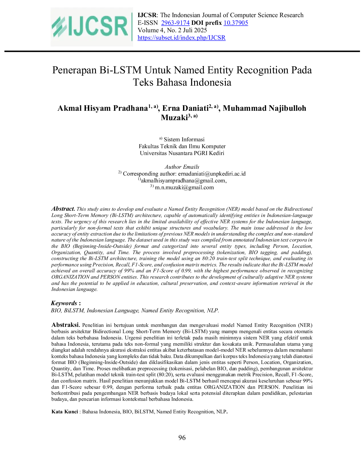 JURIS Penerapan Bi LSTM Untuk Named Entity Recognition Pada Teks Bahasa Indonesia