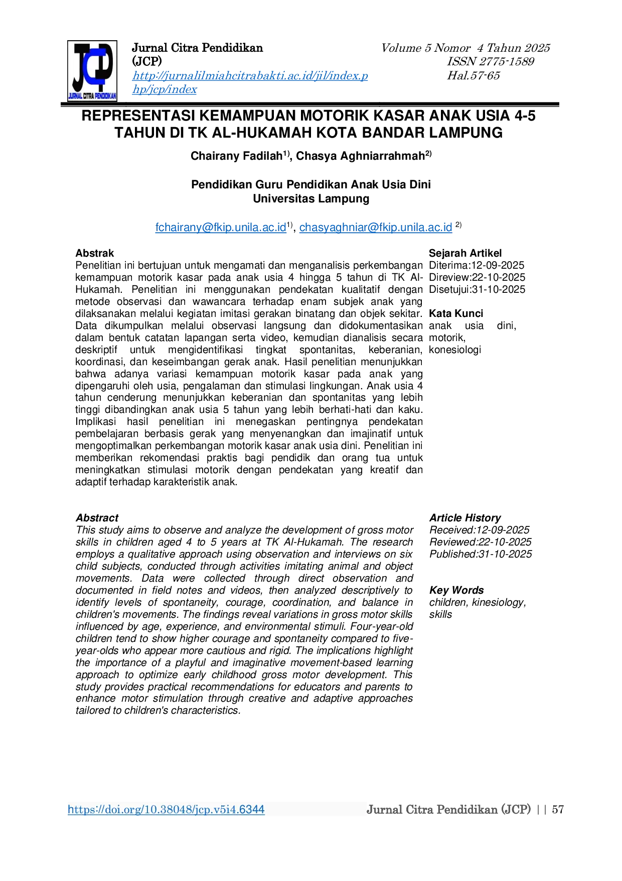 JURIS Representasi Kemampuan Motorik Kasar Anak Usia 4 5 Tahun di TK Al Hukamah Kota Bandar Lampung