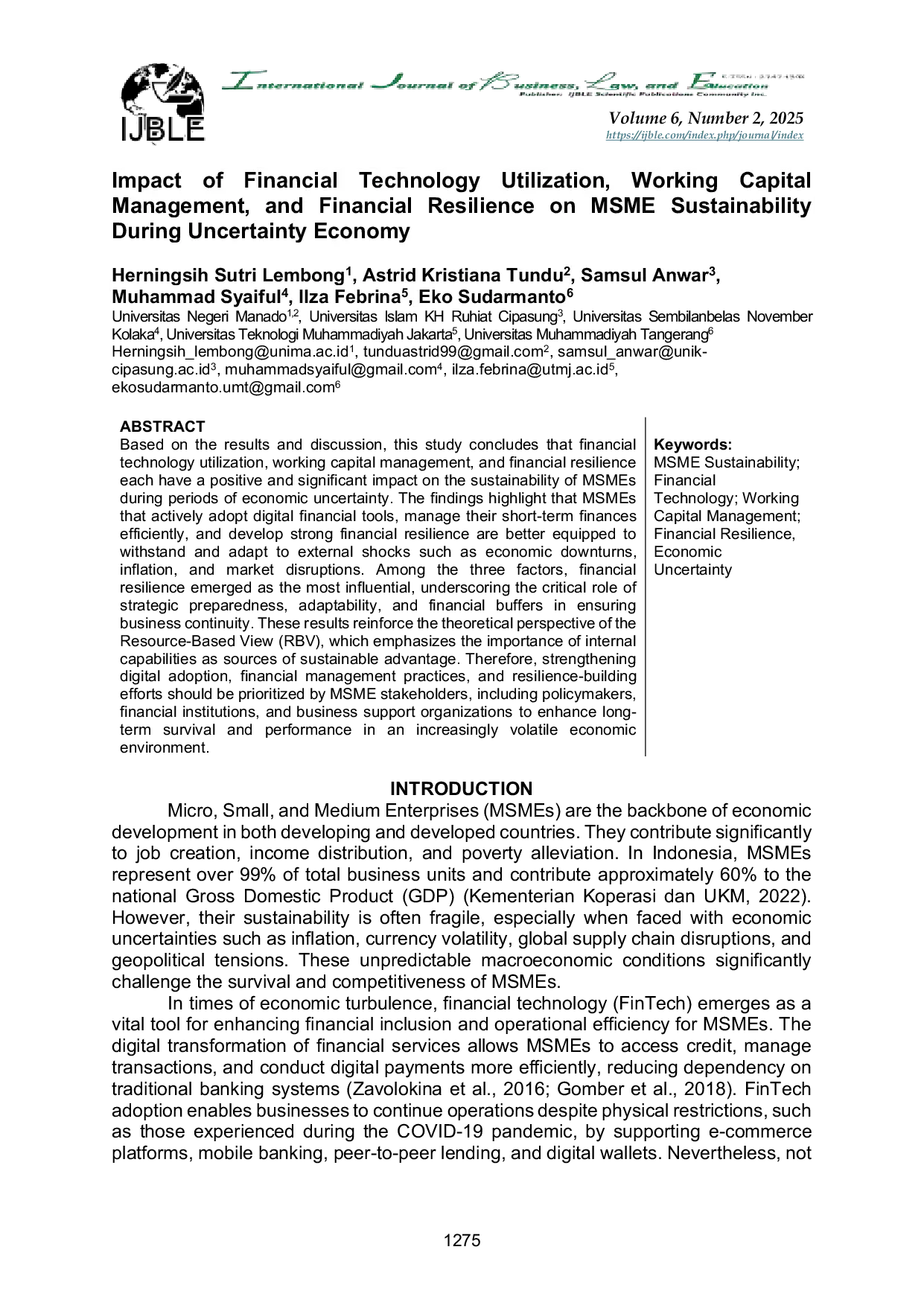 JURIS Impact of Financial Technology Utilization Working Capital Management and Financial Resilience on MSME Sustainability During Uncertainty Economy
