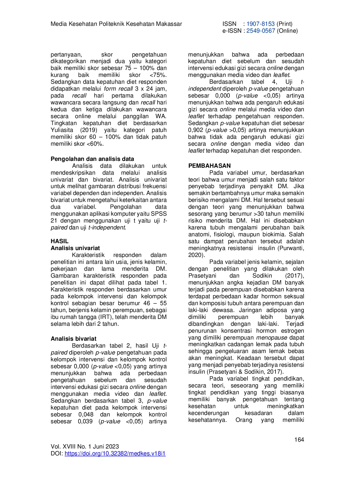 juris Edukasi Gizi Online Melalui Media Video dan Leaflet Terhadap Pengetahuan dan Kepatuhan Diet Penderita DM