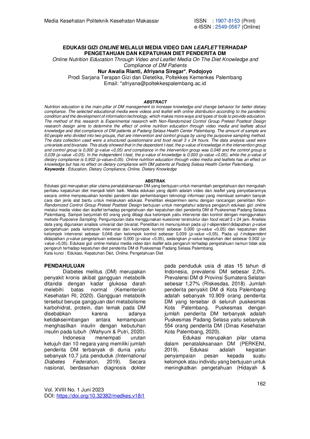 JURIS Edukasi Gizi Online Melalui Media Video dan Leaflet Terhadap Pengetahuan dan Kepatuhan Diet Penderita DM
