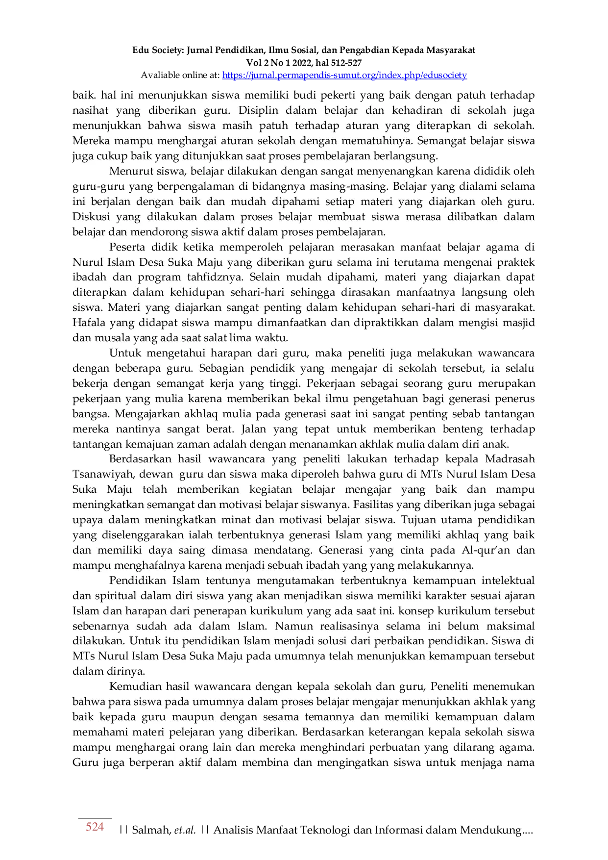 JURIS Analisis Manfaat Teknologi dan Informasi dalam Mendukung Kemajuan Pendidikan Agama Islam Berbasis Digital di MTs Nurul Islam Dusun IX Desa Suka Maju Tanjung Pura