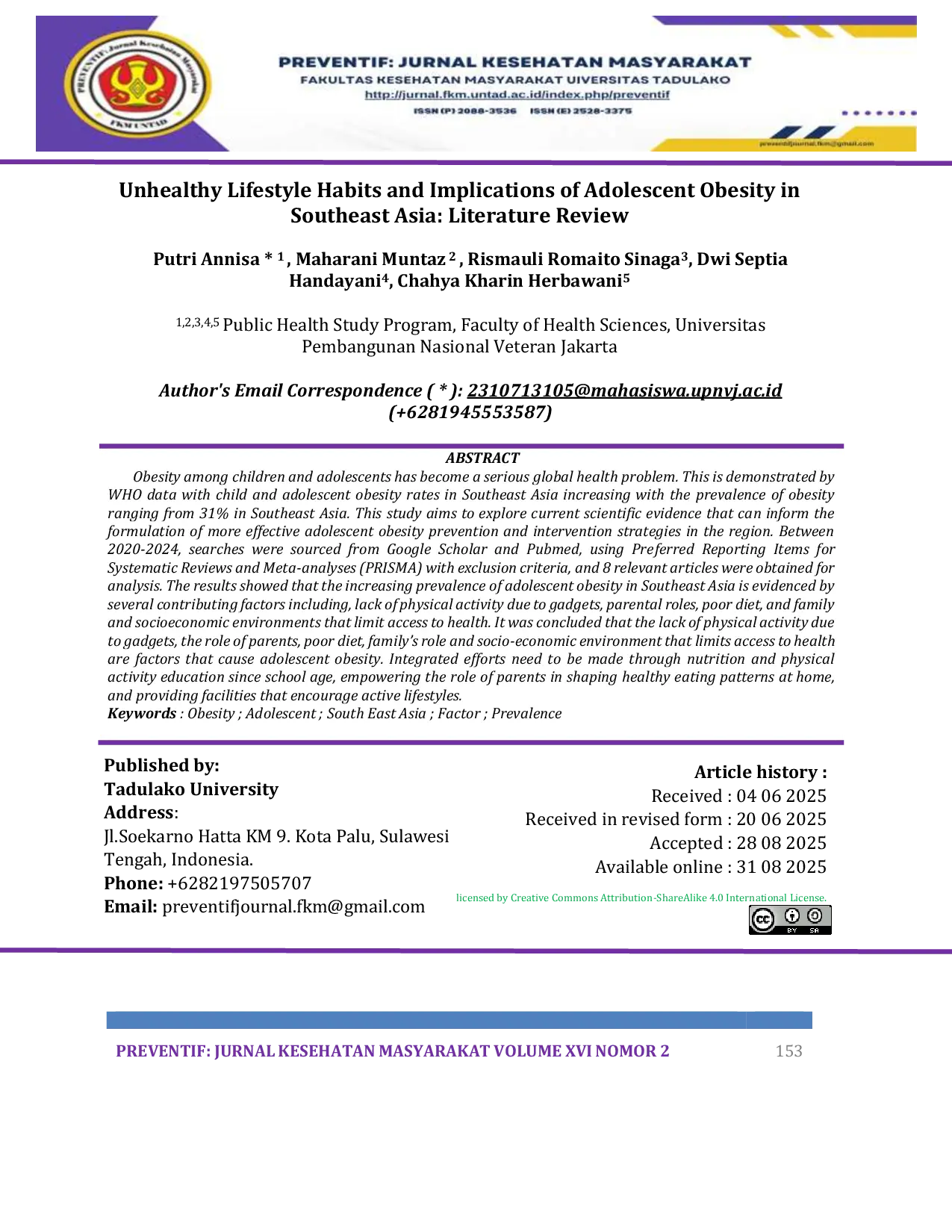 JURIS Unhealthy Lifestyle Habits and Implications of Adolescent Obesity Southeast Asia Literature Review