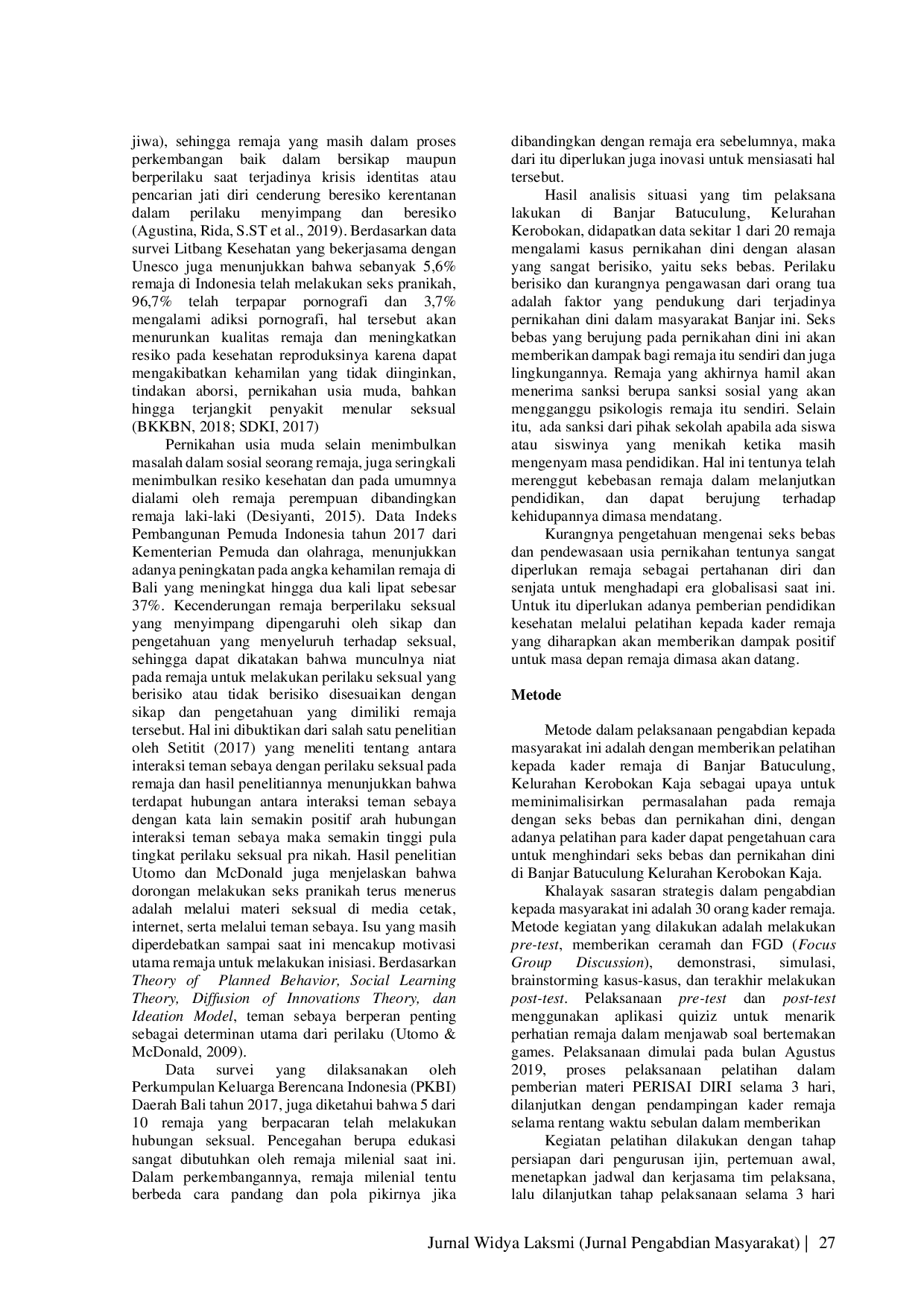 JURIS Perisai Diri Pelatihan Kelompok Remaja Hindari Seks Bebas Dan Pernikahan Dini