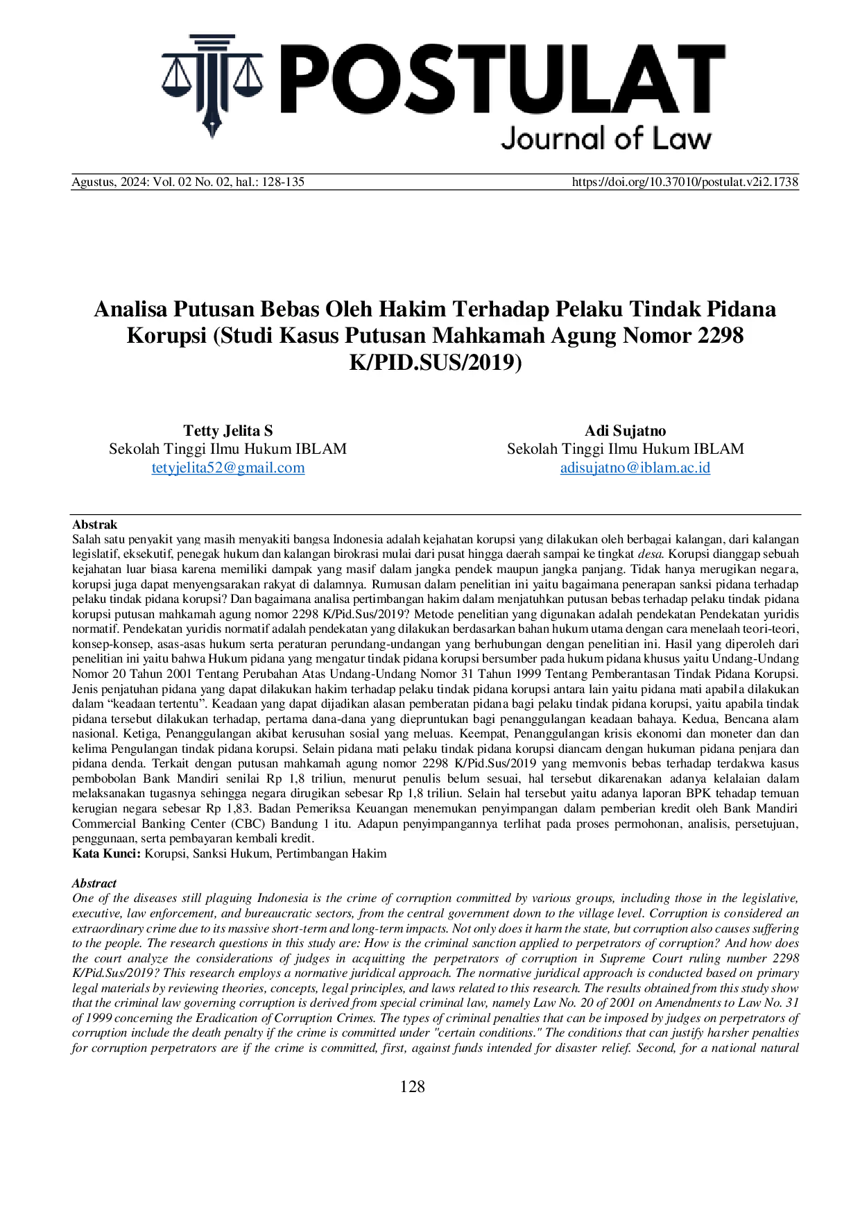 JURIS Analysis of the Acquittal by Judges in Corruption Crimes Case Study of the Supreme Court Decision Number 2298 K Pid Sus 2019