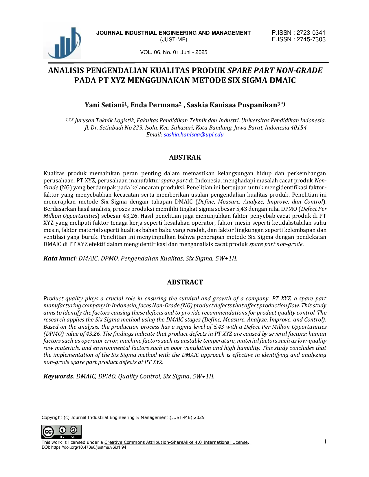 JURIS Analysis of Quality Control of Non Grade Spare Part Products at PT XYZ Using the Six Sigma DMAIC Method