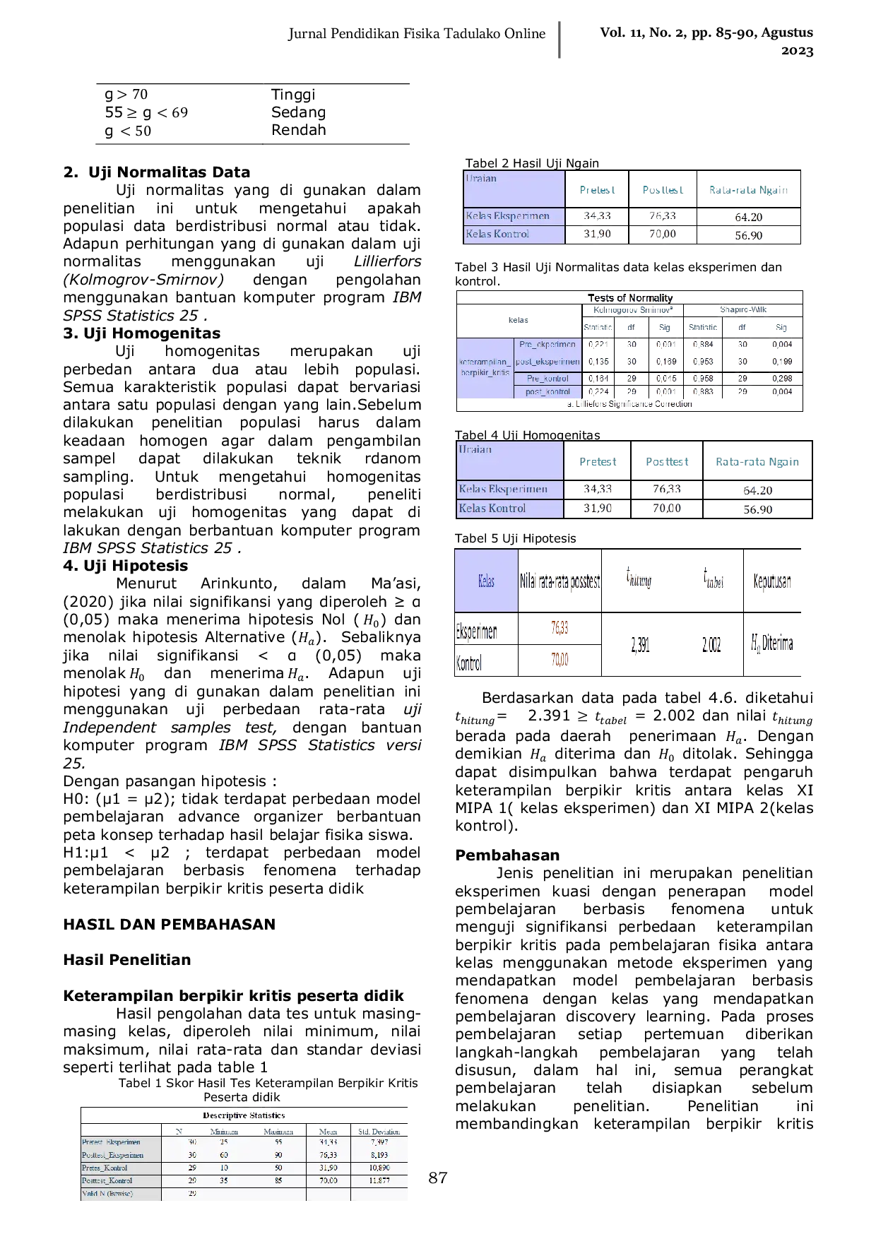 JURIS Pengaruh Model Pembelajaran Berbasis Fenomena Terhadap Keterampilan Berpikir Kritis Peserta Didik SMA Negeri 1 Parigi Tengah