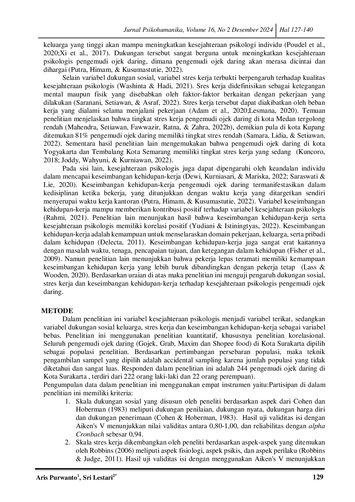 JURIS Dukungan Sosial Stres Kerja Dan Keseimbangan Kehidupan Kerja Sebagai Prediktor Kesejahteraan Psikologis Pengemudi Ojek Daring