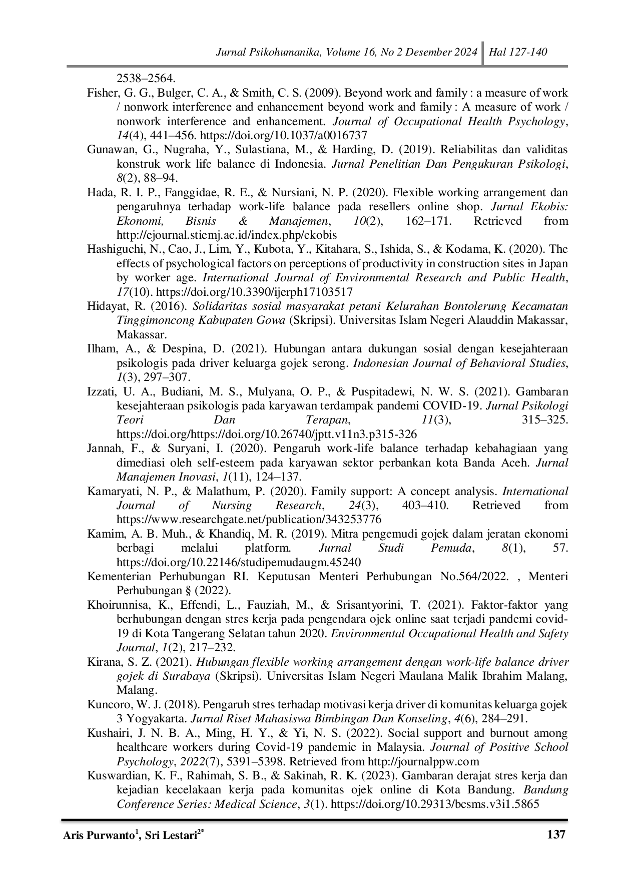 JURIS Dukungan Sosial Stres Kerja Dan Keseimbangan Kehidupan Kerja Sebagai Prediktor Kesejahteraan Psikologis Pengemudi Ojek Daring
