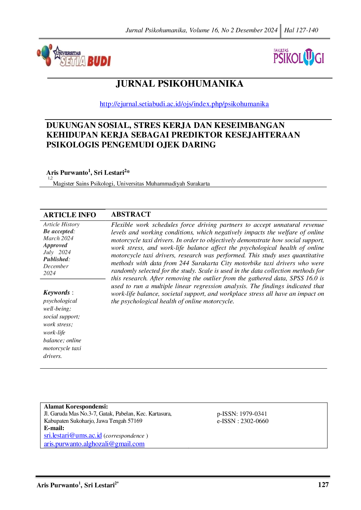 JURIS Dukungan Sosial Stres Kerja Dan Keseimbangan Kehidupan Kerja Sebagai Prediktor Kesejahteraan Psikologis Pengemudi Ojek Daring