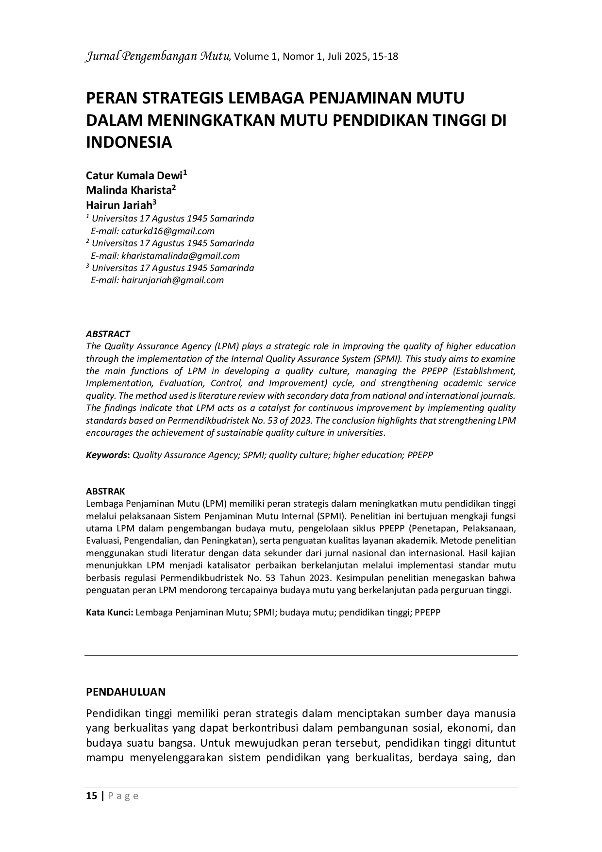 JURIS Peran Strategis Lembaga Penjaminan Mutu dalam Meningkatkan Mutu Pendidikan Tinggi di Indonesia