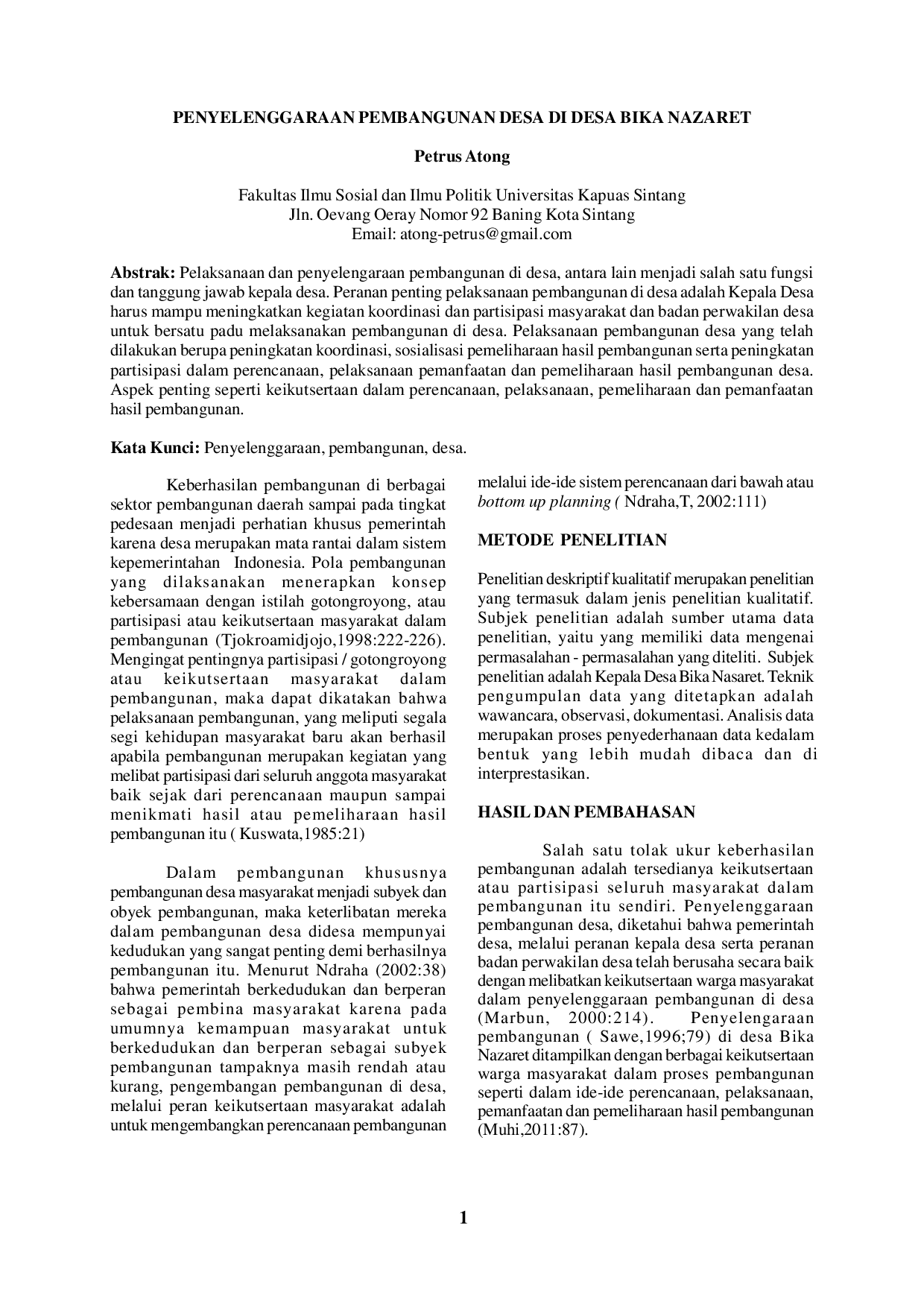 JURIS Penyelenggaraan Pembangunan Desa Di Desa Bika Nazaret