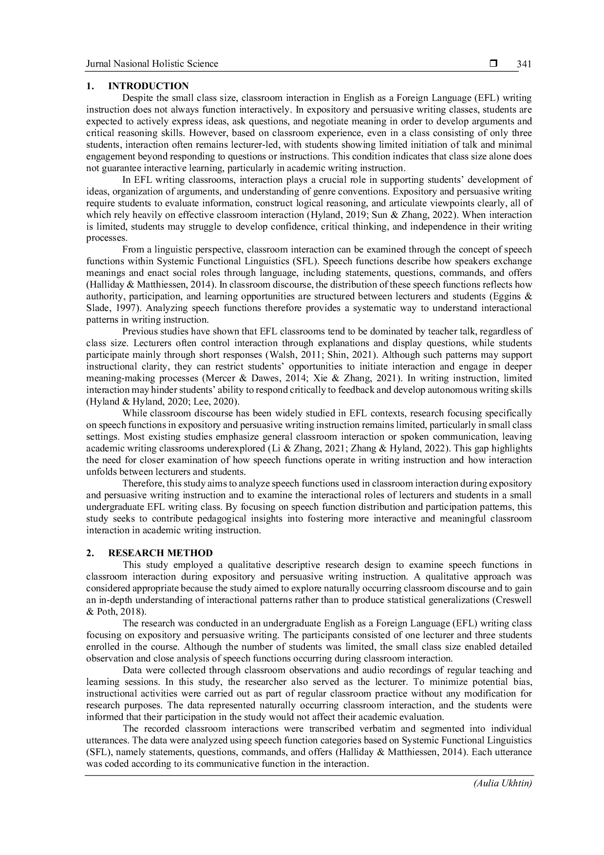 JURIS Speech Function of Classroom Interaction in Expository and Persuasive Writing