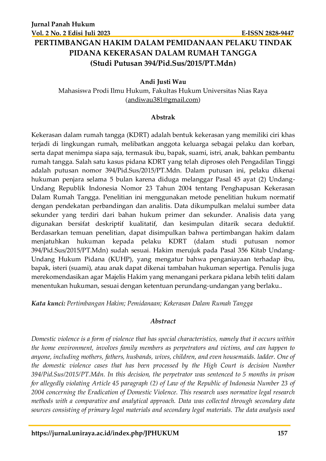 JURIS PERTimbangan HAKIM DALAM PEMIDANAAN PELAKU TINDAK PIDANA KEKERASAN DALAM RUMAH TANGGA