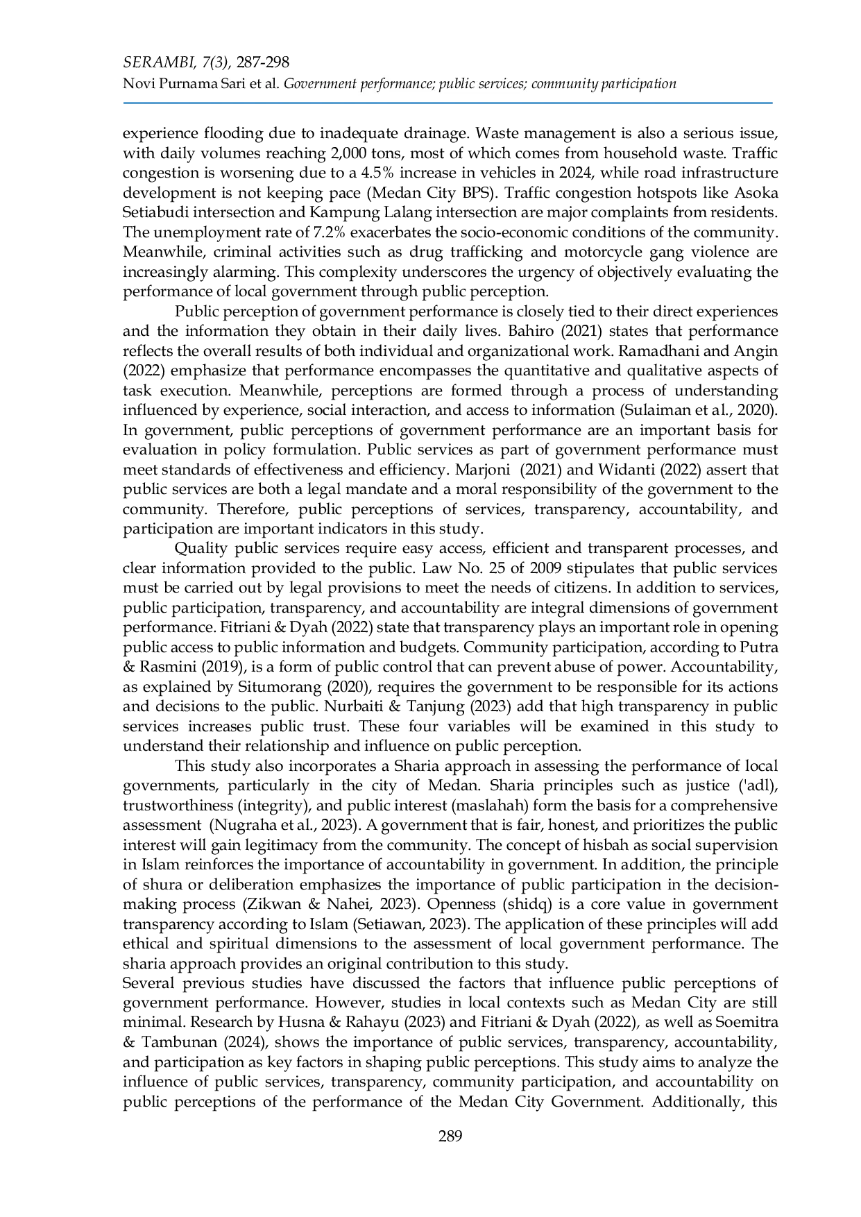 JURIS Public perception of the performance of the Medan City government The role of public services community participation accountability and transparency from a Sharia perspective
