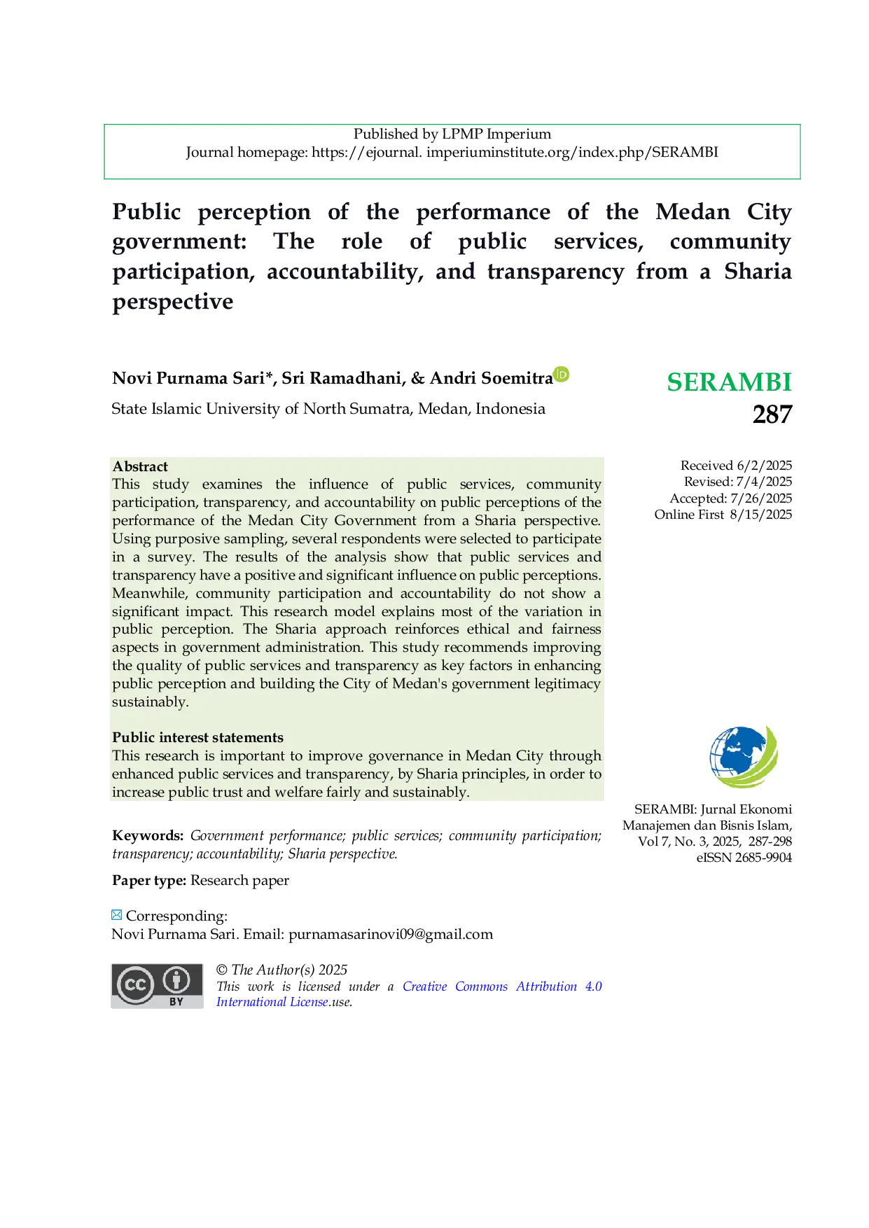 JURIS Public perception of the performance of the Medan City government The role of public services community participation accountability and transparency from a Sharia perspective