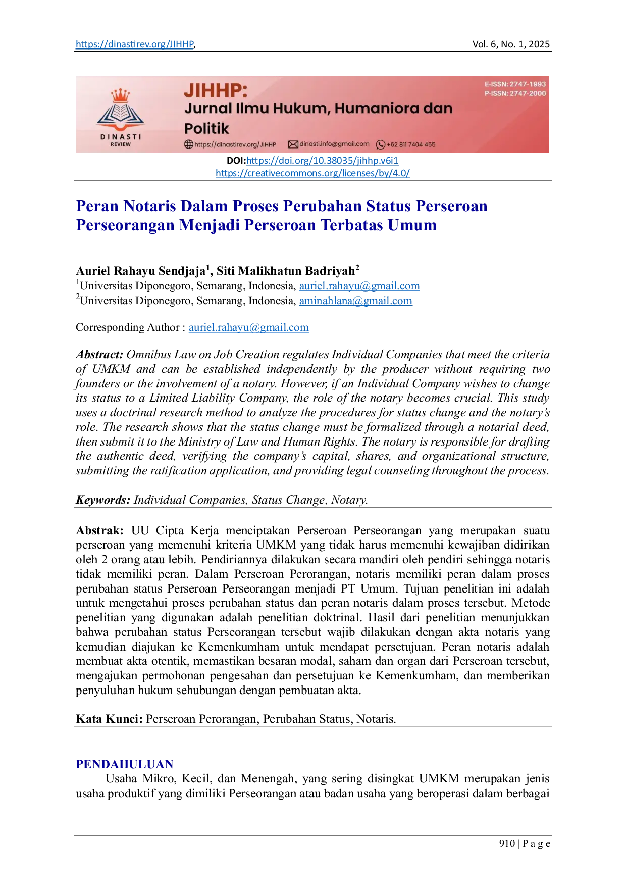 JURIS Peran Notaris Dalam Proses Perubahan Status Perseroan Perseorangan Menjadi Perseroan Terbatas Umum