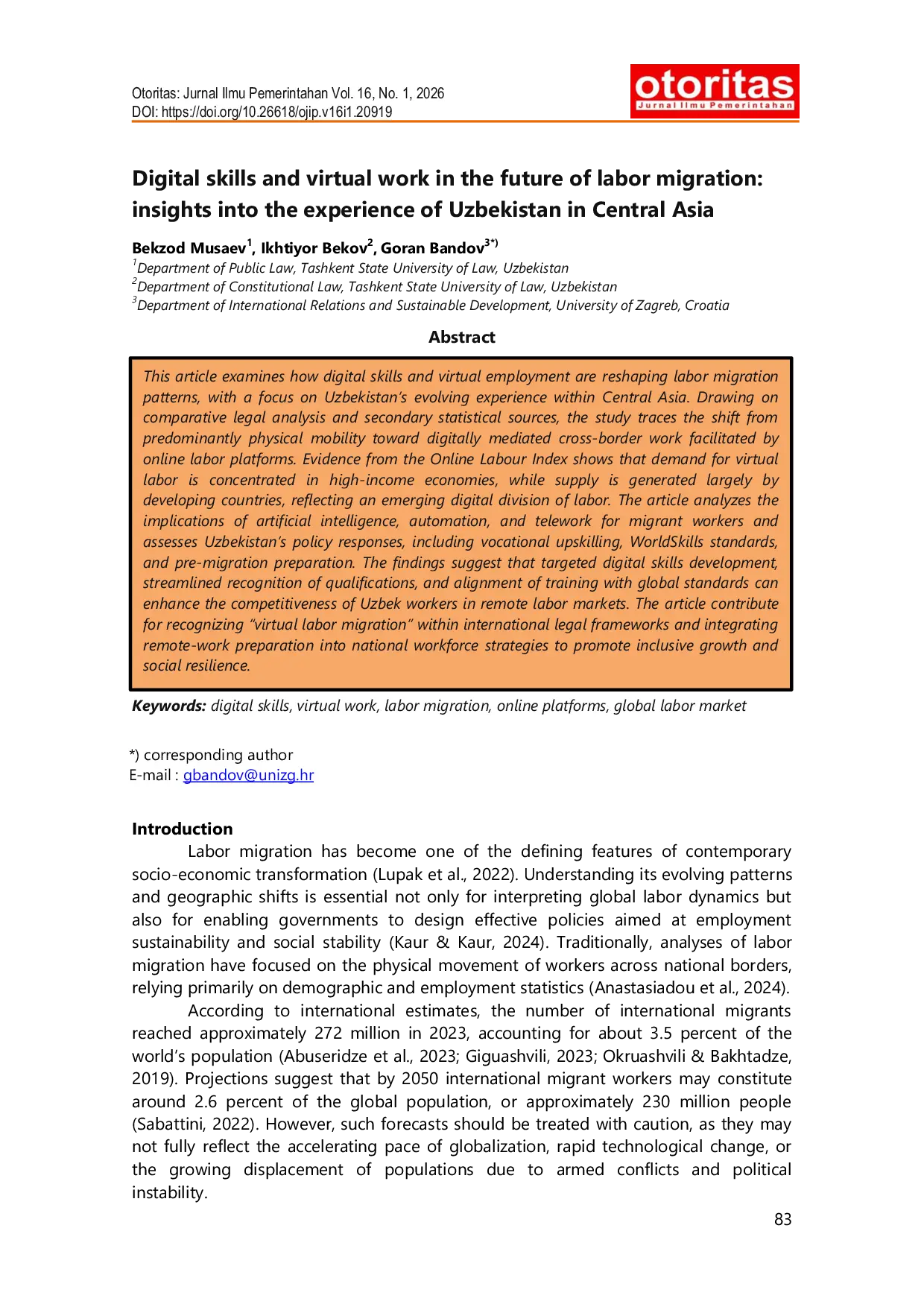 JURIS Digital skills and virtual work in the future of labor migration insights into the experience of Uzbekistan in Central Asia