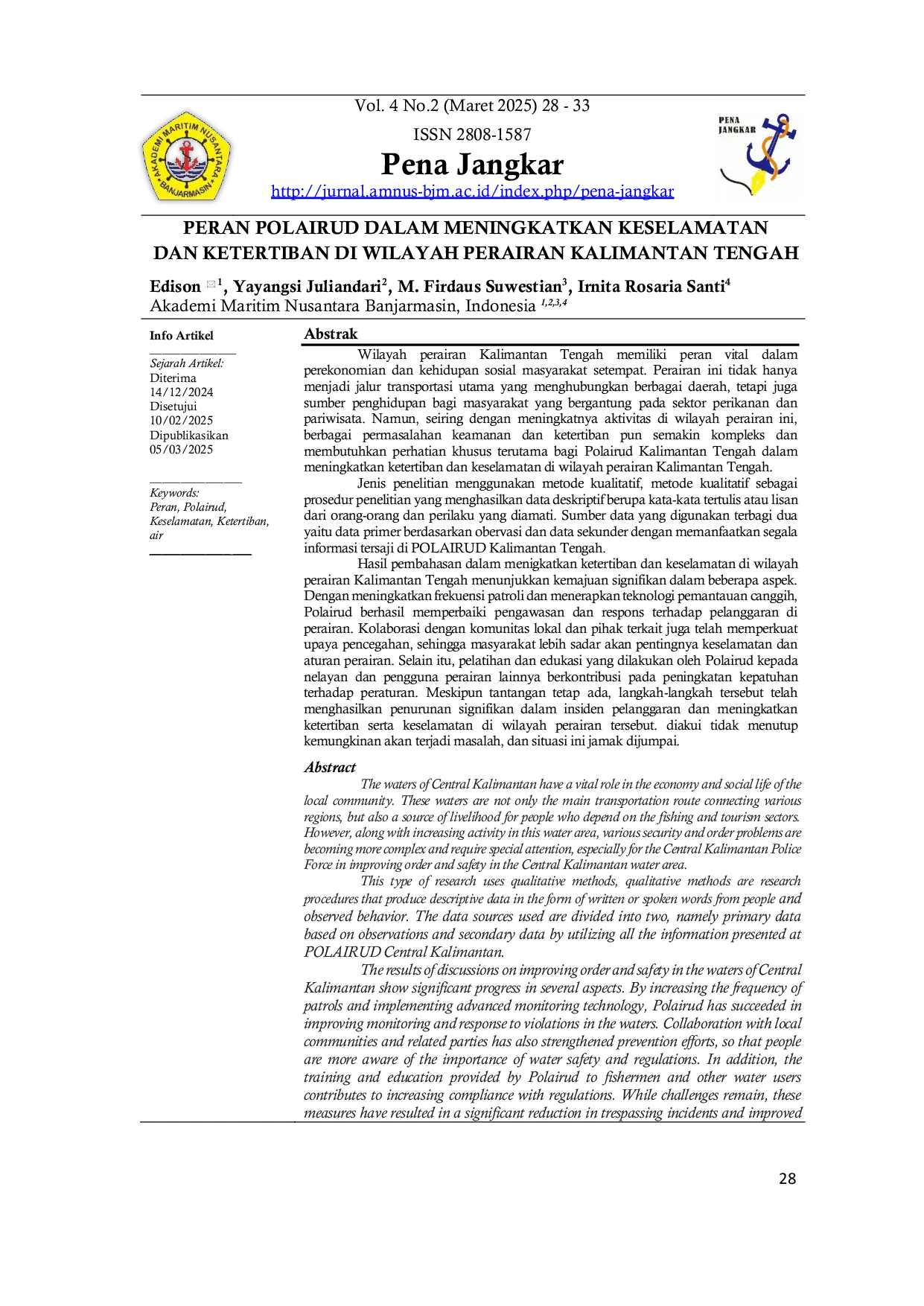 JURIS Peran Polairud Dalam Meningkatkan Keselamatan Dan Ketertiban Di Wilayah Perairan Kalimantan Tengah