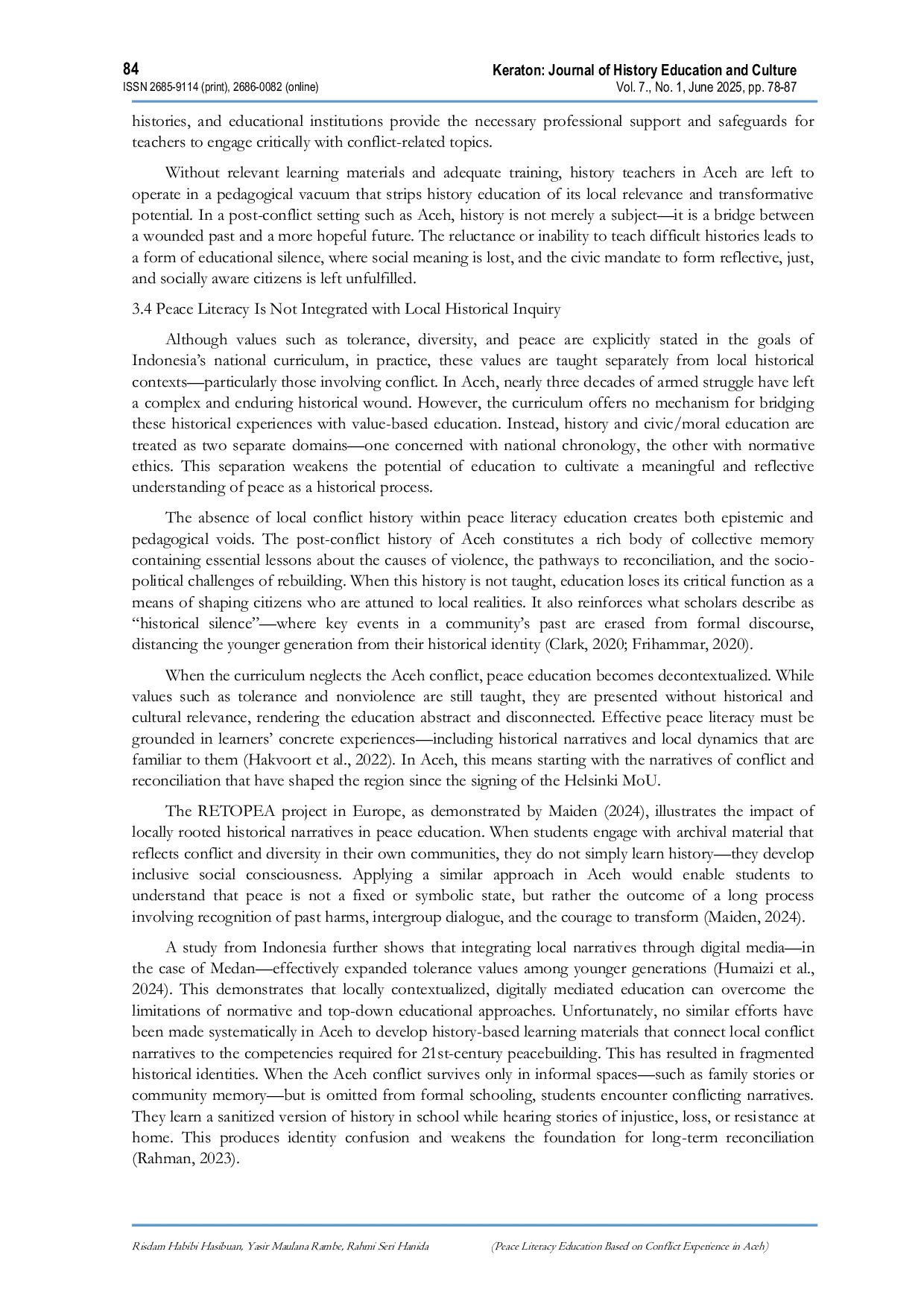 JURIS Peace Literacy Education Based on Conflict Experience in Aceh