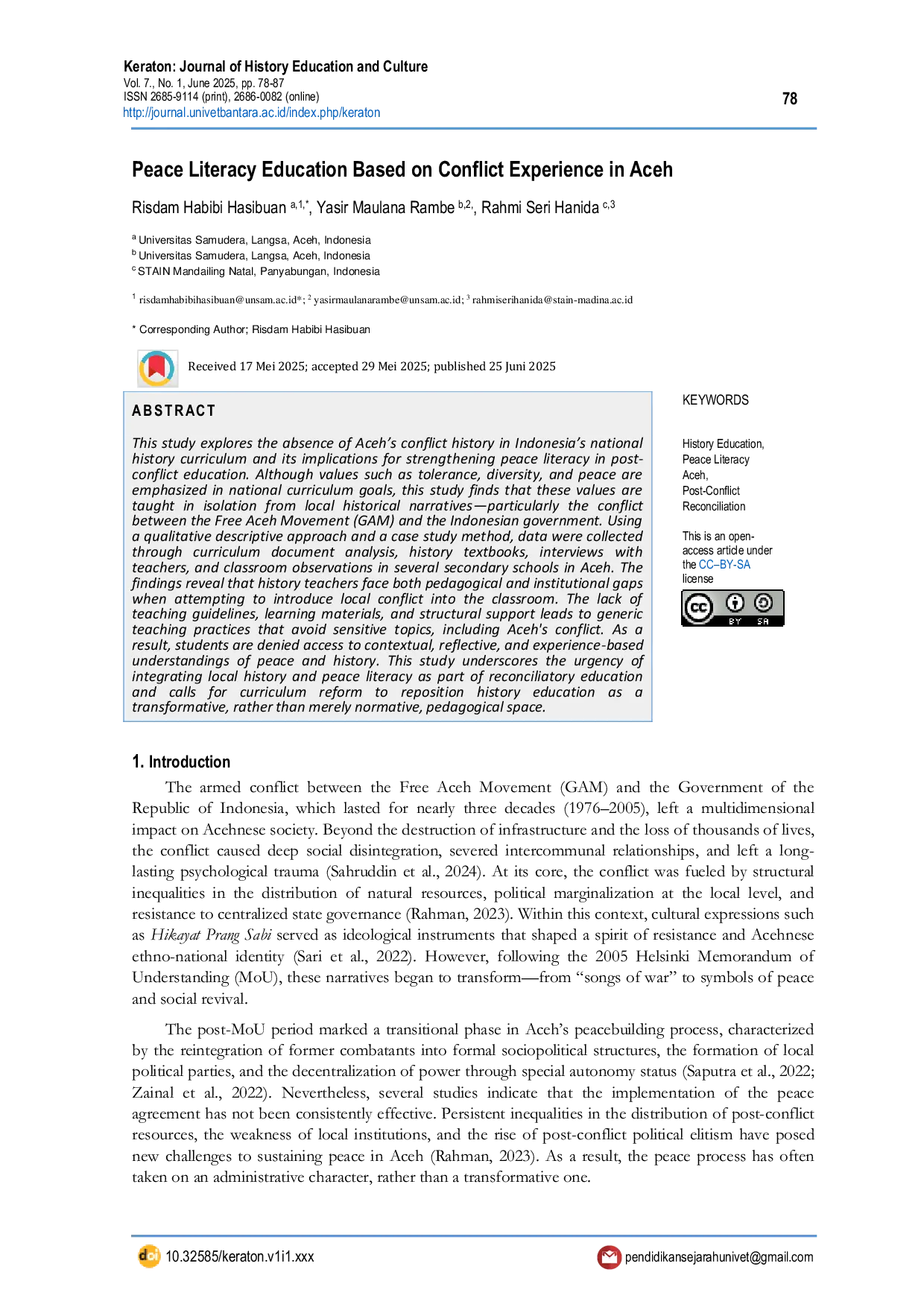 JURIS Peace Literacy Education Based on Conflict Experience in Aceh