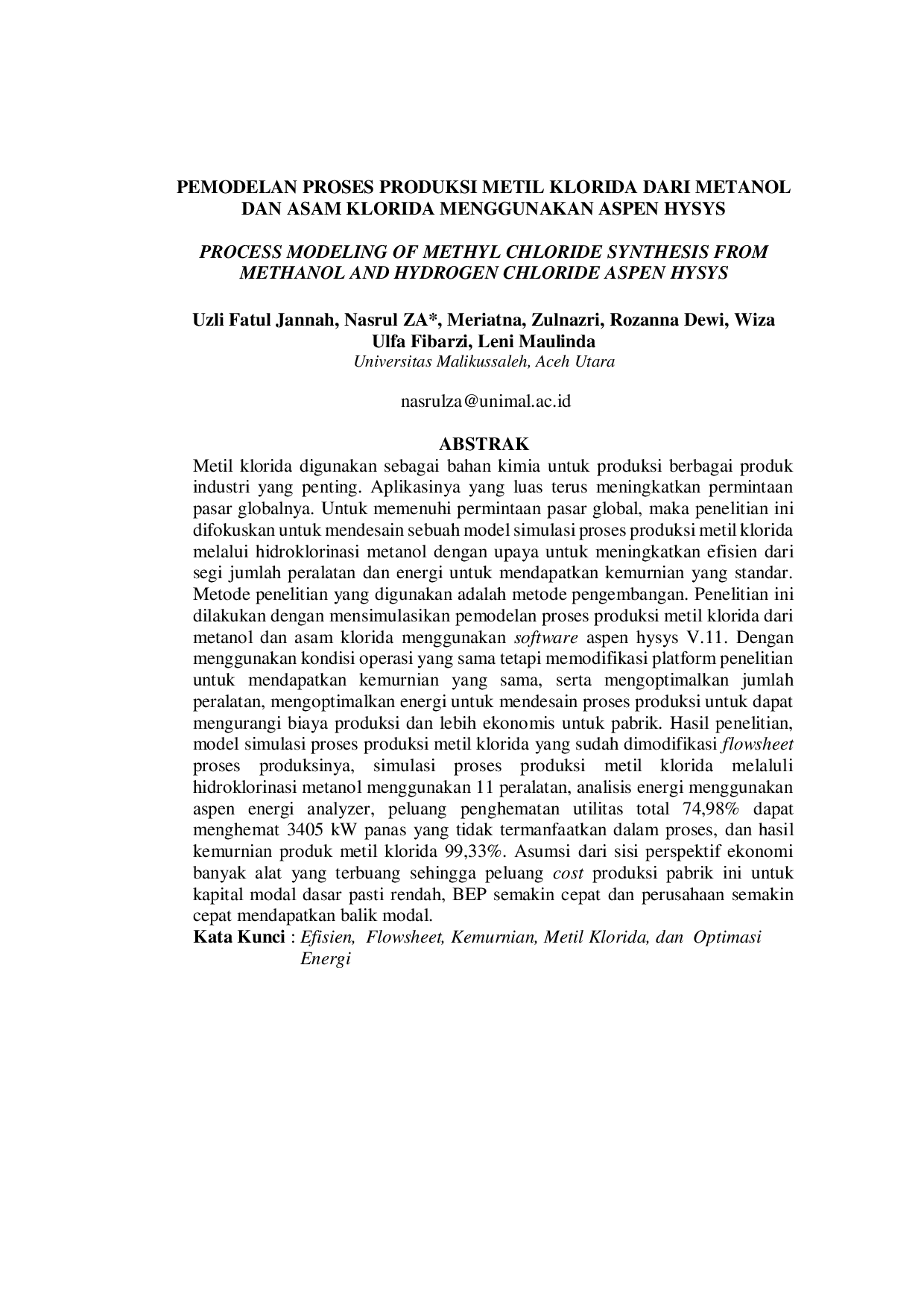 JURIS Pemodelan Proses Produksi Metil Klorida Dari Metanol Dan Asam Klorida Menggunakan Aspen Hysys