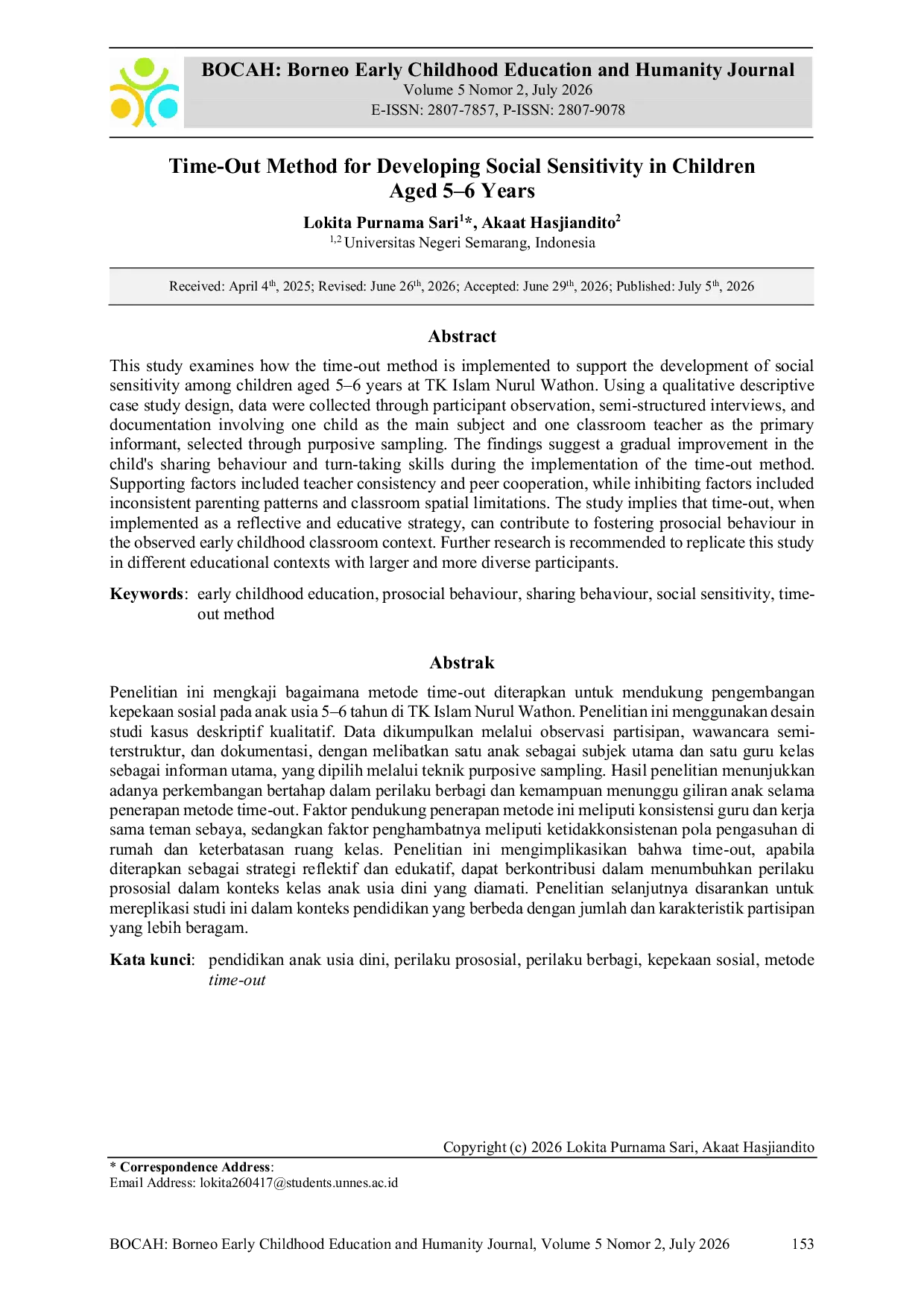 JURIS Time Out Method for Developing Social Sensitivity in Children Aged 5 6 Years