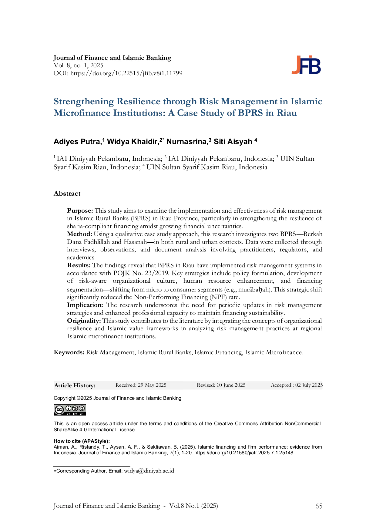 JURIS Strengthening Resilience through Risk Management in Islamic Microfinance Institutions A Case Study of BPRS in Riau